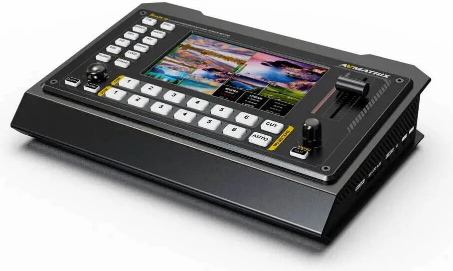 سوئیچر ویدیویی 6 کاناله HDMI/SDI آویماتریکس Shark S6، دارای نمایشگر 5 اینچی داخلی، استریمینگ RTSP، 4 ورودی/خروجی 3G-SDI و 2 ورودی/خروجی HDMI، پشتیبانی از ورودی ویدیویی تا 1080p، میکس صدا، Multiview، طرح‌بندی PiP | Shark S6
