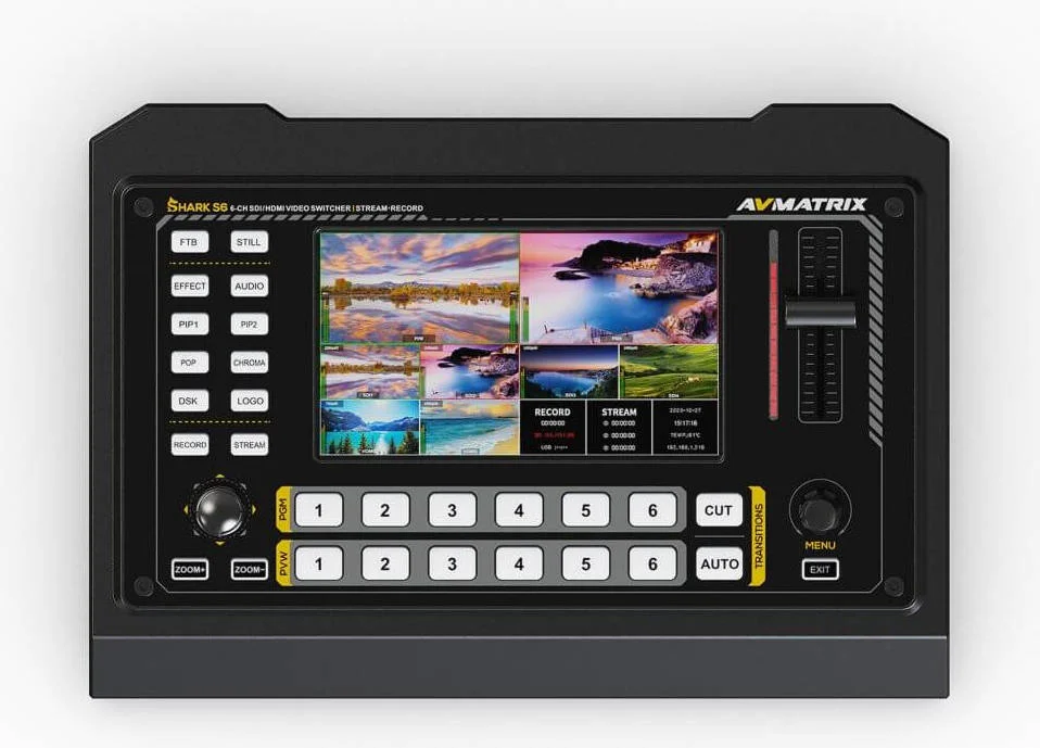 سوئیچر ویدیویی 6 کاناله HDMI/SDI آویماتریکس Shark S6، دارای نمایشگر 5 اینچی داخلی، استریمینگ RTSP، 4 ورودی/خروجی 3G-SDI و 2 ورودی/خروجی HDMI، پشتیبانی از ورودی ویدیویی تا 1080p، میکس صدا، Multiview، طرح‌بندی PiP | Shark S6
