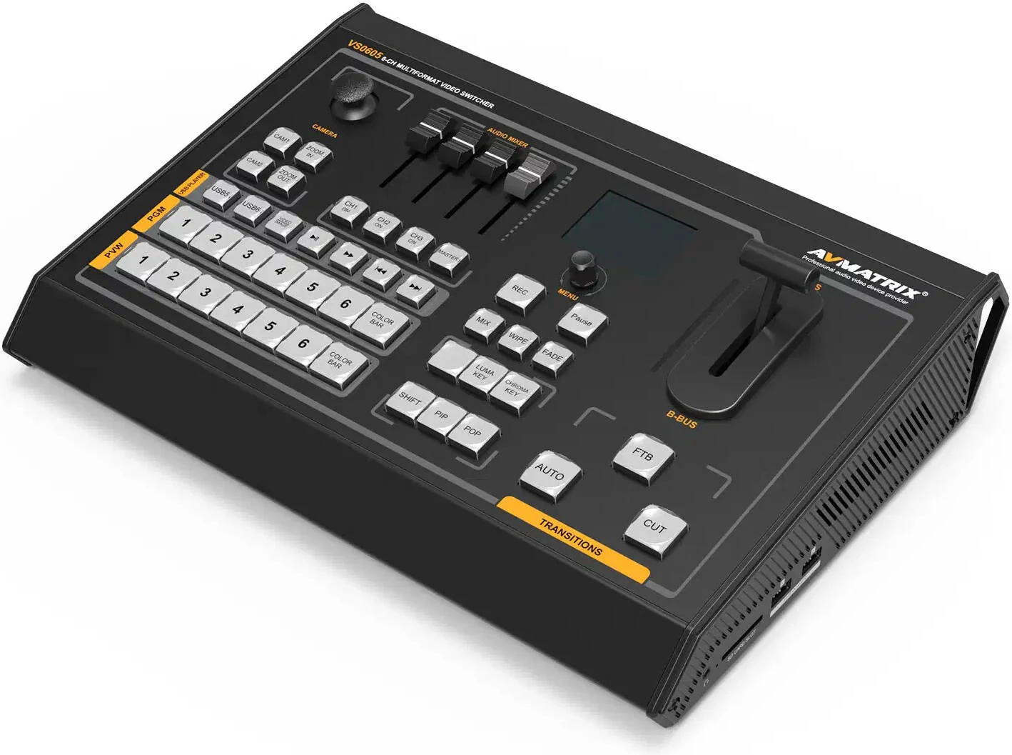 سوییچر AVMATRIX VS0605U، دارای 6 ورودی کانال، کنترل دوربین PTZ از راه دور، ضبط ویدئو PGM روی کارت SD، میکسر صدا XLR/ RCA صدا و SDI/ HDMI/ USB، سوییچر استریمینگ چند فرمتی | VS0605U