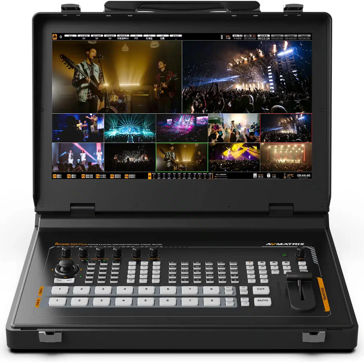 AVMATRIX Shark S8X Plus سوئیچر ویدیویی قابل حمل 8 کانال SDI/HDMI با صفحه نمایش 17.3 اینچی، دارای 8 ورودی 3G-SDI، 2 ورودی 4K HDMI، یک ورودی BNC Ref، یک ورودی AUX و یک ورودی ویدیویی USB-A (UVC) | Shark-S8X-Plus