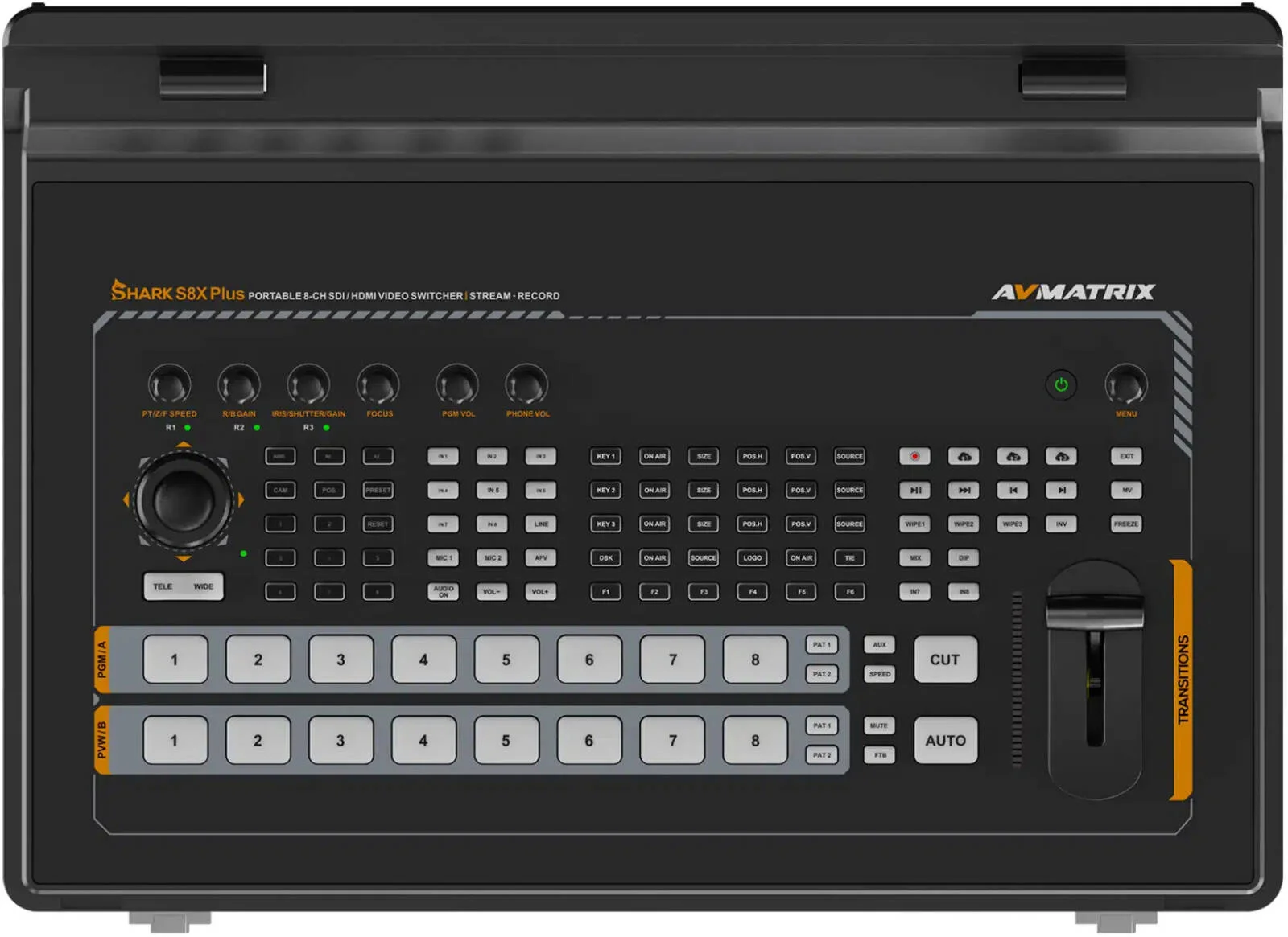 AVMATRIX Shark S8X Plus سوئیچر ویدیویی قابل حمل 8 کانال SDI/HDMI با صفحه نمایش 17.3 اینچی، دارای 8 ورودی 3G-SDI، 2 ورودی 4K HDMI، یک ورودی BNC Ref، یک ورودی AUX و یک ورودی ویدیویی USB-A (UVC) | Shark-S8X-Plus