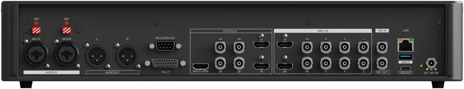 AVMATRIX Shark S8X Plus سوئیچر ویدیویی قابل حمل 8 کانال SDI/HDMI با صفحه نمایش 17.3 اینچی، دارای 8 ورودی 3G-SDI، 2 ورودی 4K HDMI، یک ورودی BNC Ref، یک ورودی AUX و یک ورودی ویدیویی USB-A (UVC) | Shark-S8X-Plus