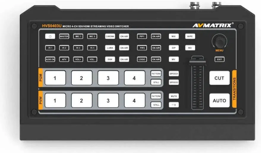 سوییچر ویدئویی AVMATRIX HVS0403U، 4 کانال ورودی با تشخیص خودکار 2HDMI+2SDI، نمایشگر چندگانه و صفحه وضعیت کاملاً واضح، پشتیبانی از تشخیص خودکار، تمامی خروجی ها قابل تنظیم و تخصیص هستند | HVS0403U