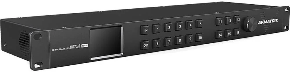 سوئیچر ماتریسی AVMATRIX MSS1611-S، دارای همگام‌ساز فریم داخلی، صفحه نمایش LCD یکپارچه، ورودی‌های تشخیص خودکار SD/HD/3G-SDI، گوش‌های رک‌مونت یکپارچه، 16x16 Seamless 3G-SDI | MSS1611-S