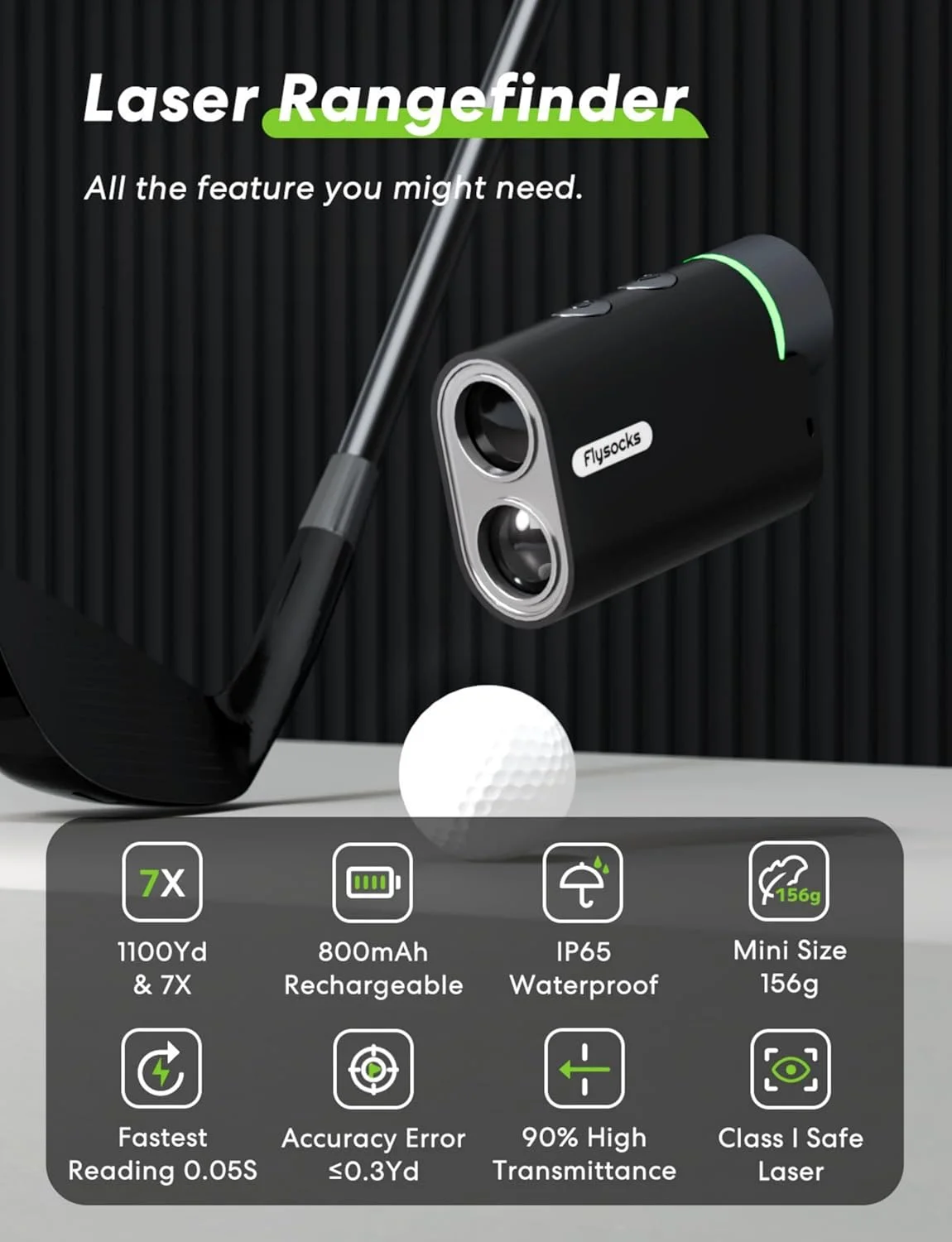 فاصله یاب گلف Flysocks با شیب، فاصله یاب 1100 یاردی برای گلف، انتقال بالای 90٪، قفل میله پرچم با لرزش، بزرگنمایی 7 برابر، باتری قابل شارژ 800 میلی آمپر ساعتی، لوازم جانبی برای گلف