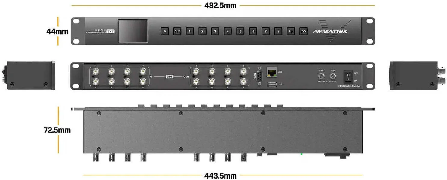 سوئیچر ماتریسی AVMATRIX MSS0811، دارای 8 ورودی 3G-SDI و 8 خروجی 3G-SDI، پشتیبانی از سیگنال های Level A & B، کنترل نرم افزاری از طریق کامپیوتر، فضای رنگی YUV، کنترل دکمه ای پنل جلویی | MSS0811