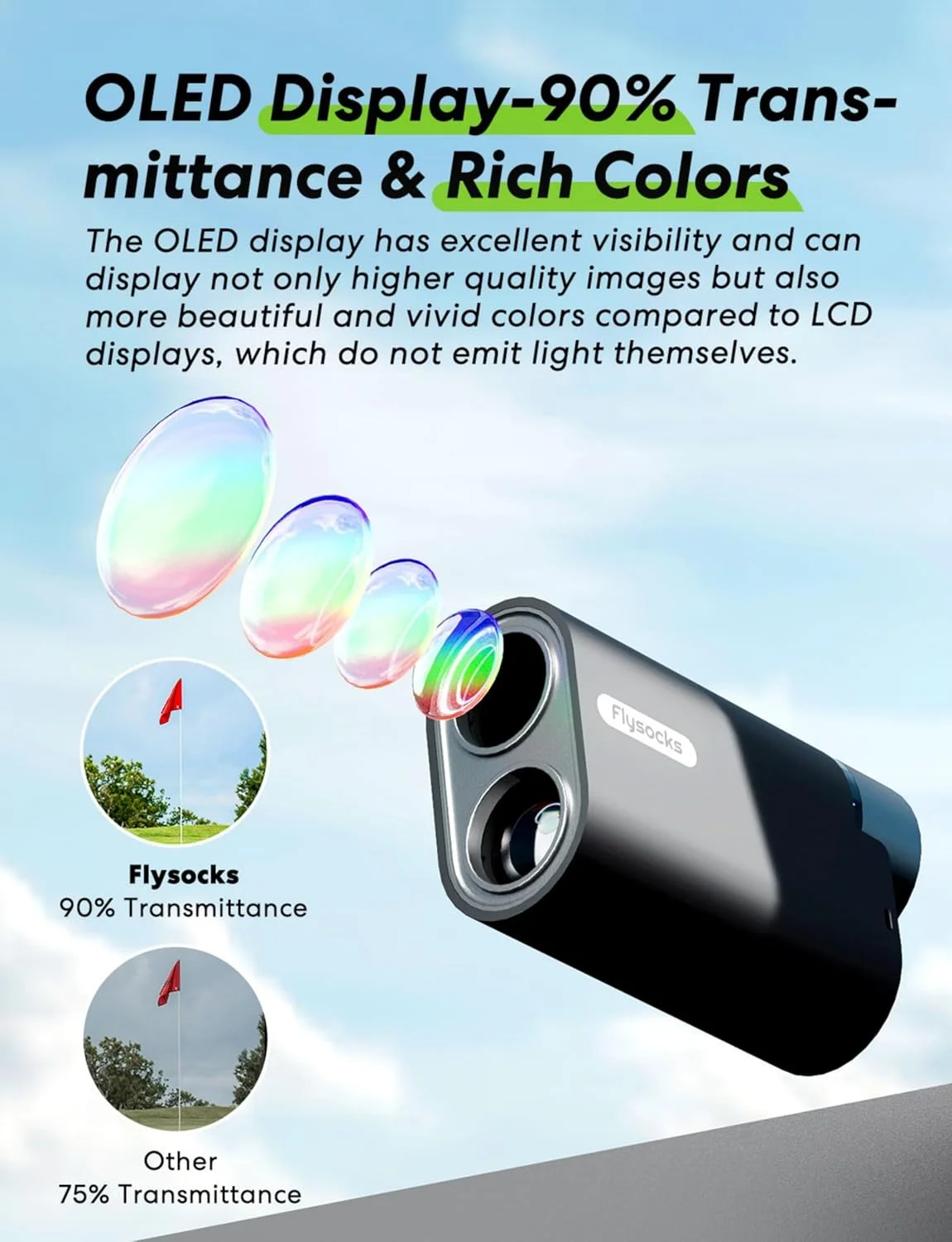 فاصله یاب گلف Flysocks با شیب، فاصله یاب 1100 یاردی برای گلف، انتقال بالای 90٪، قفل میله پرچم با لرزش، بزرگنمایی 7 برابر، باتری قابل شارژ 800 میلی آمپر ساعتی، لوازم جانبی برای گلف