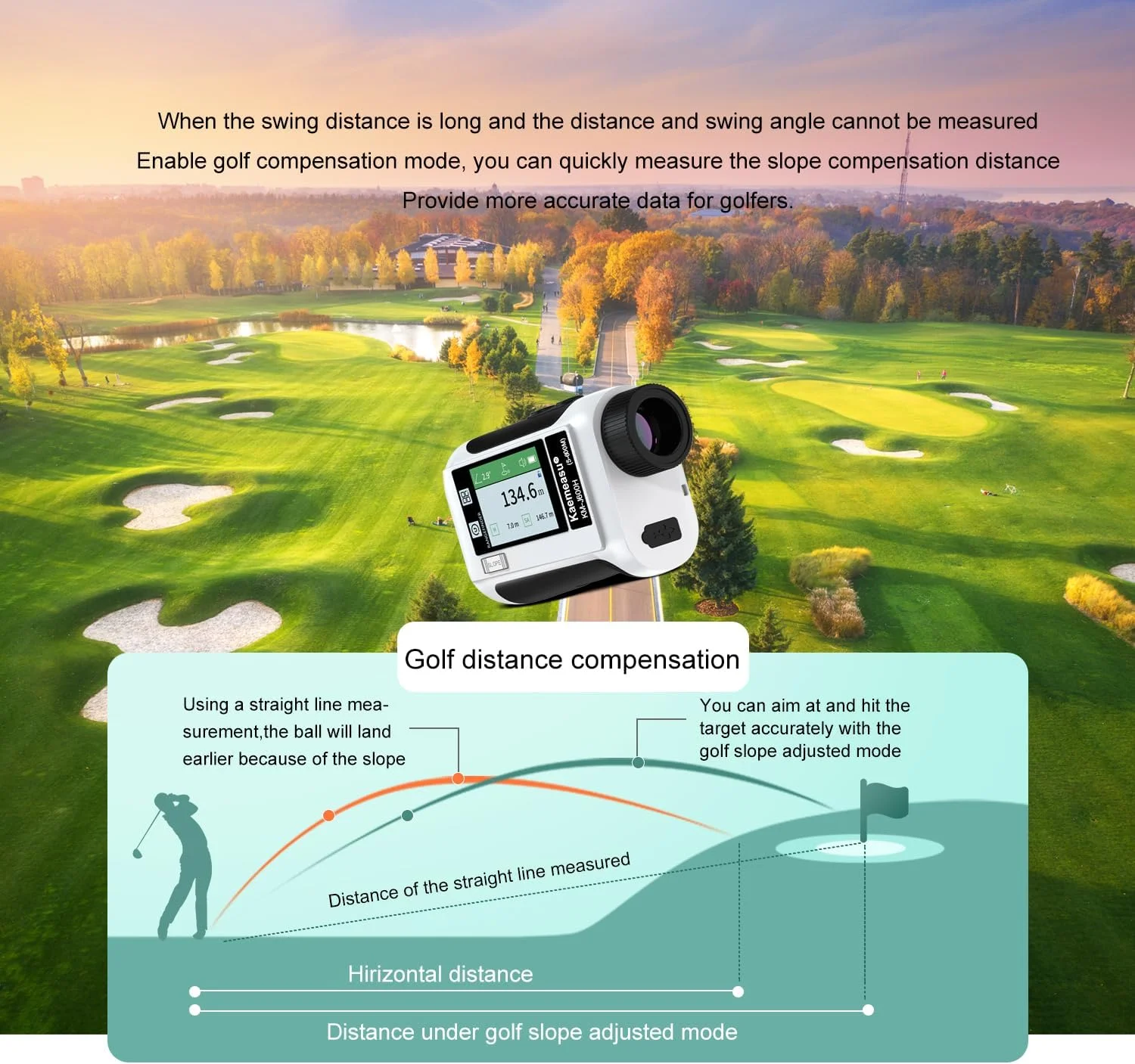 فاصله یاب گلف Fawoonu با صفحه نمایش لمسی LCD و بزرگنمایی 6.5X، دارای پورت USB و بلندگو، با قابلیت شیب و قفل کردن میله پرچم، در مدل های 600M / 800M / 1200M / 1500M