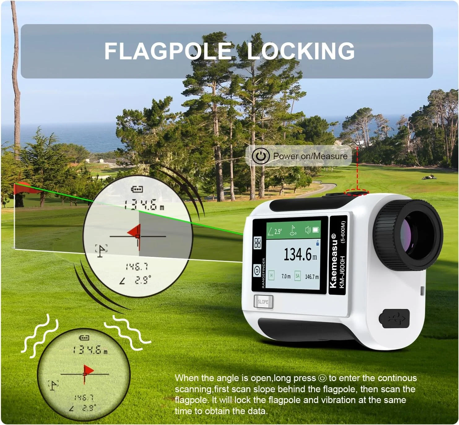 فاصله یاب گلف Fawoonu با صفحه نمایش لمسی LCD و بزرگنمایی 6.5X، دارای پورت USB و بلندگو، با قابلیت شیب و قفل کردن میله پرچم، در مدل های 600M / 800M / 1200M / 1500M