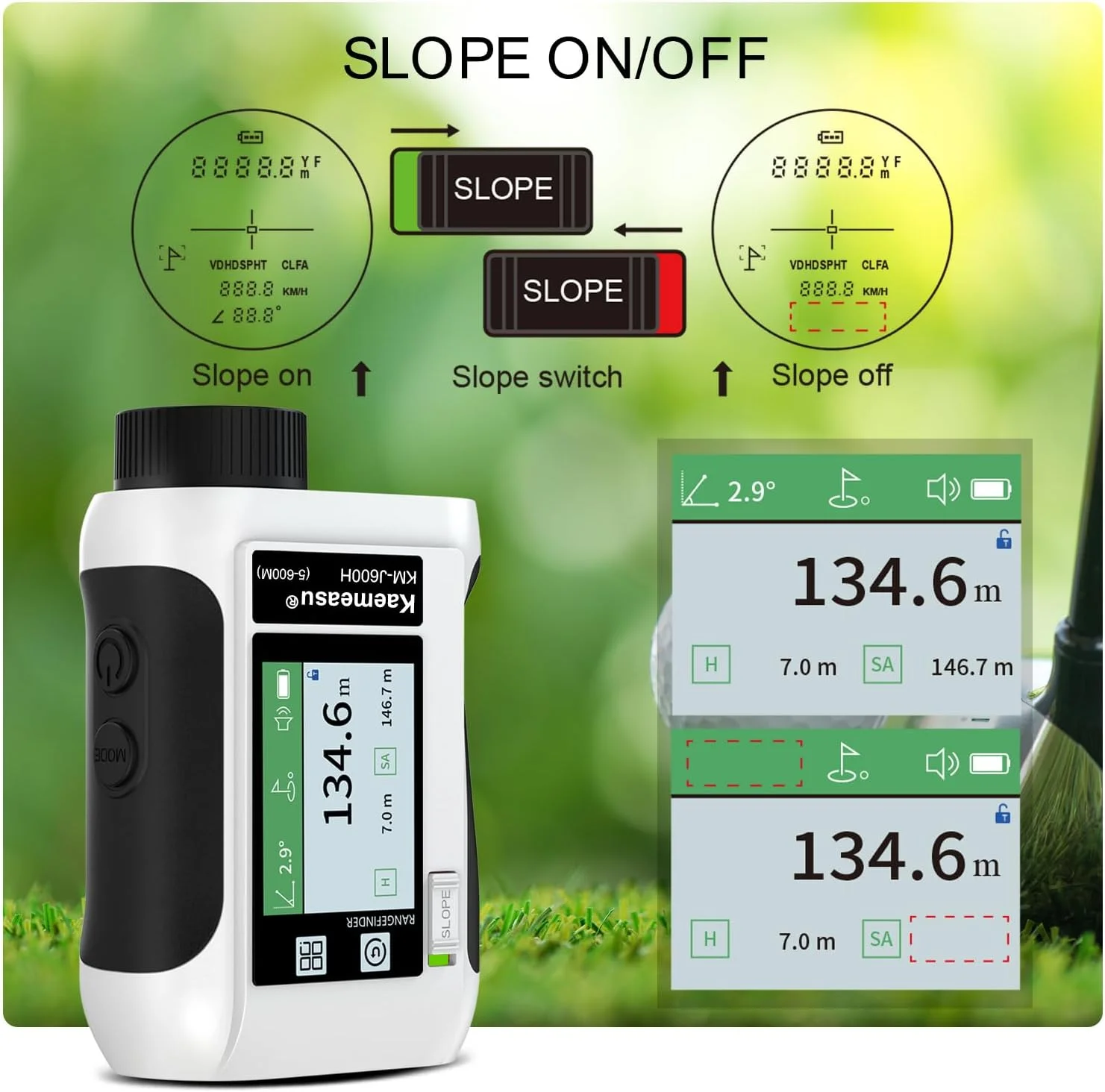 فاصله یاب گلف Fawoonu با صفحه نمایش لمسی LCD و بزرگنمایی 6.5X، دارای پورت USB و بلندگو، با قابلیت شیب و قفل کردن میله پرچم، در مدل های 600M / 800M / 1200M / 1500M