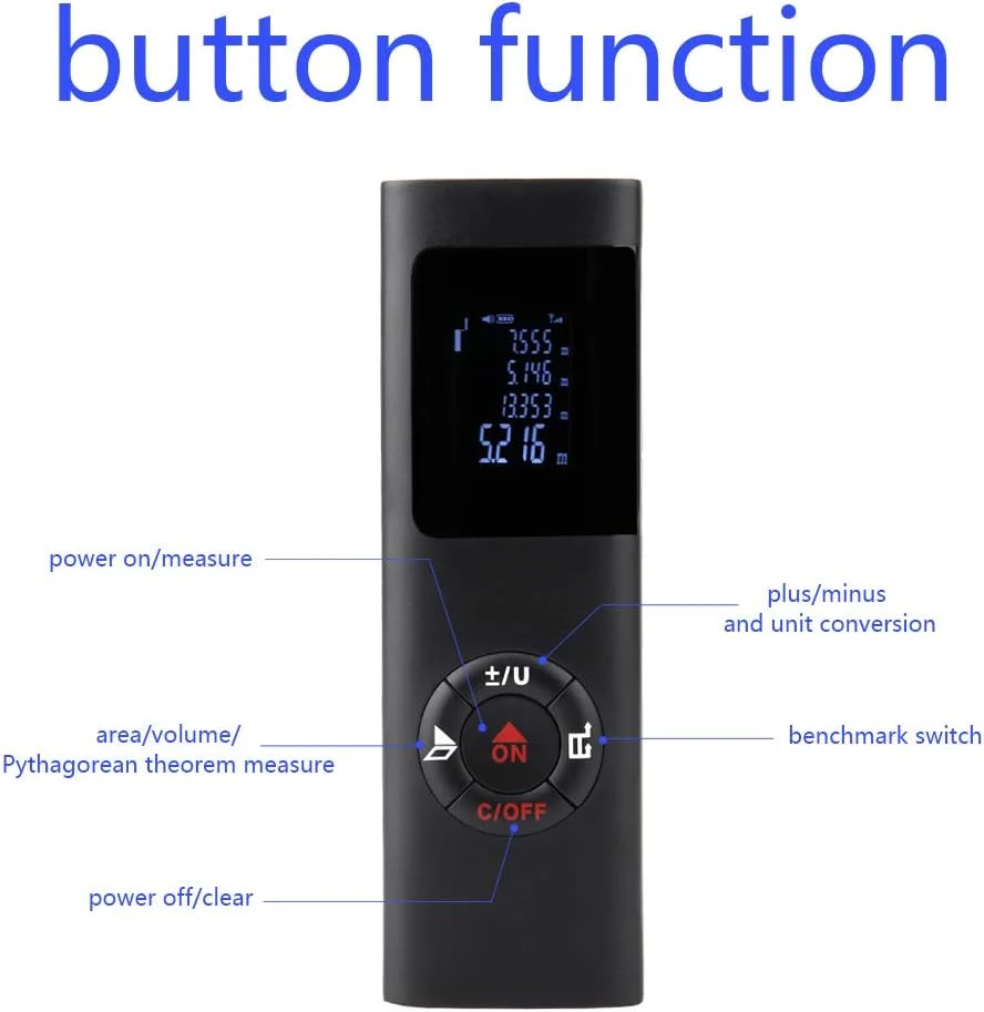 متر دیجیتال دستی کوچک مدل Domary JQ40 با قابلیت اندازه گیری مساحت و حجم، مسافت یاب قابل حمل 40 متری