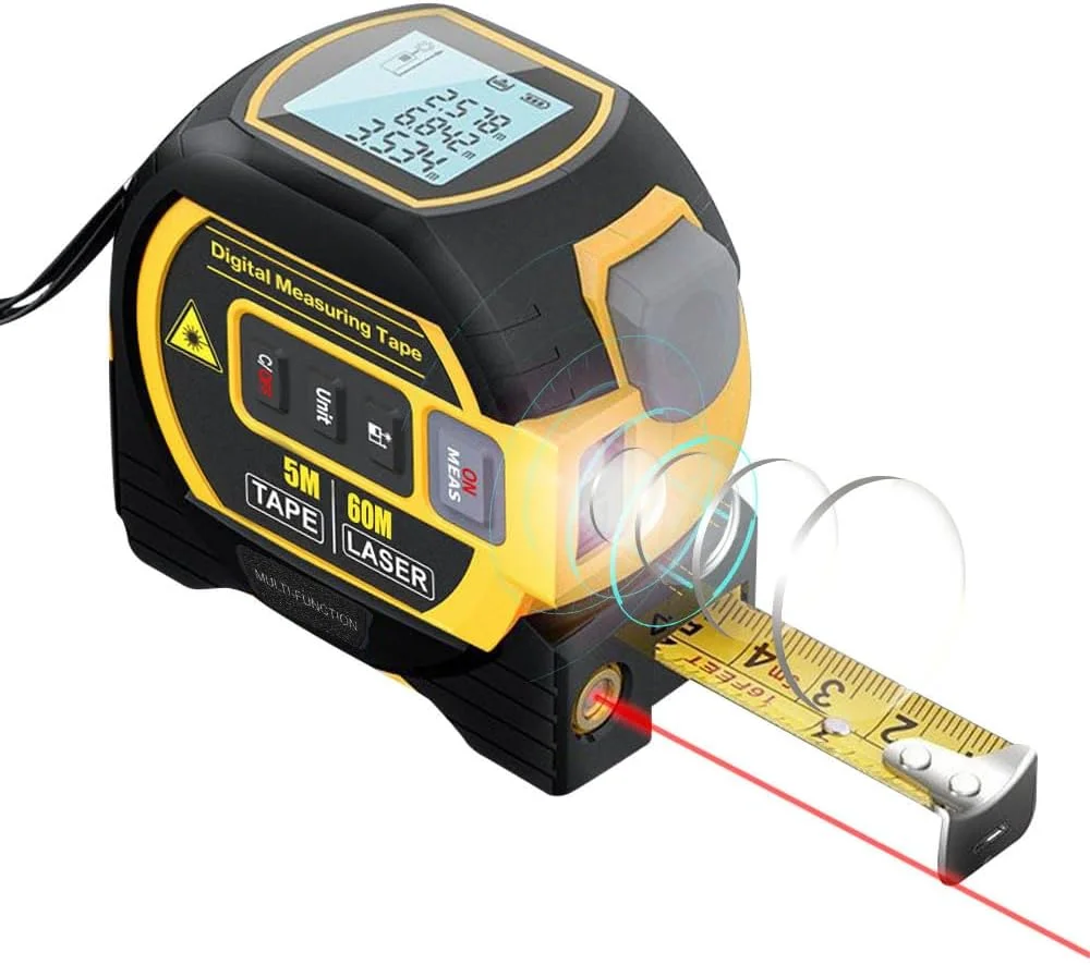 متر لیزری 3 در 1 Domary با متر نواری 5 متری، صفحه نمایش LCD با نور پس زمینه، دستگاه اندازه گیری فاصله، ابزار اندازه گیری ساختمان، مساحت و حجم