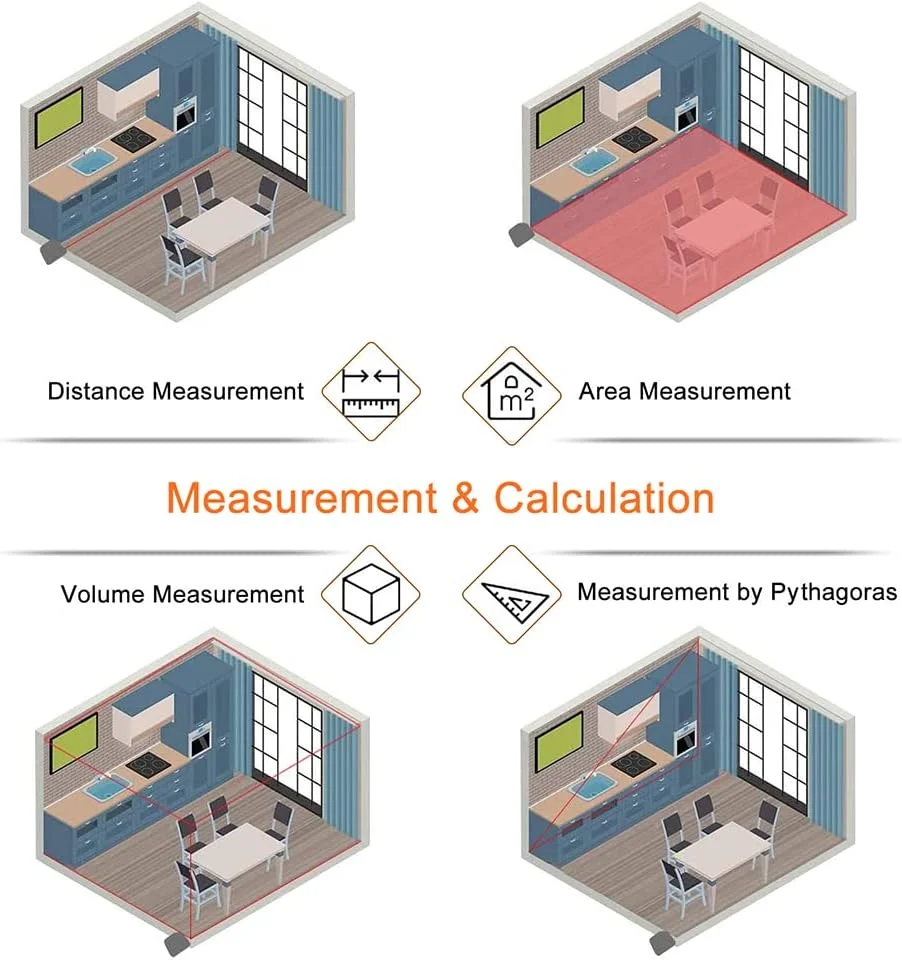 متر نواری 3 در 1 Domary، فاصله یاب دیجیتال، متر نواری 5 متری، فاصله یاب 40 متری قابل شارژ، اندازه گیری چند منظوره فاصله/مساحت/حجم/فیثاغورث، تغییر واحد، ذخیره داده