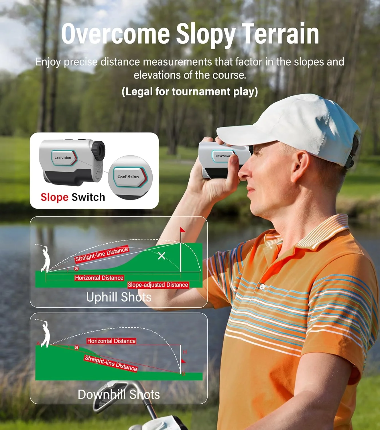 مسافت‌یاب CoxiVision با شیب برای گلف و شکار، مسافت‌یاب با دقت بالا ۱۳۰۰-۱۵۰۰ یاردی، بزرگنمایی 6X، لرزش قفل میله پرچم، حالت کمان/تفنگ، اندازه‌گیری شیب