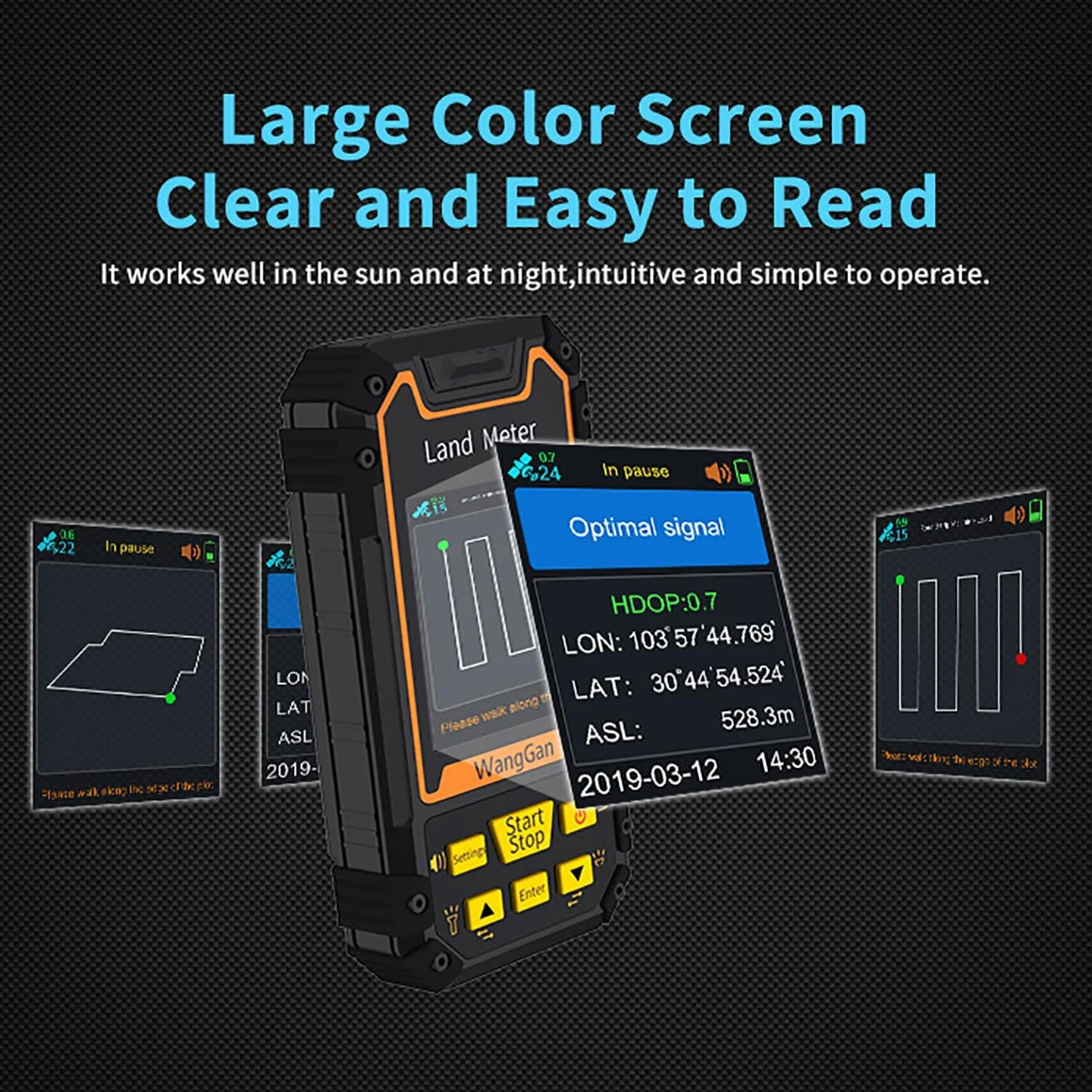 متر دستی اندازه گیری زمین، تجهیزات نقشه برداری GPS، متر محاسبه مساحت زمین، با صفحه نمایش رنگی، عملکرد پخش صدا، برای اندازه گیری دقیق مساحت