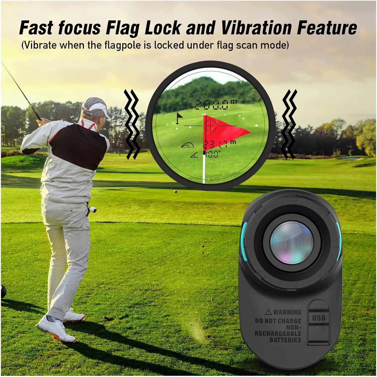 مسافت یاب لیزری PF260 مناسب گلف با برد 600 متر، دارای شیب، لرزش، آهنربا، قابل شارژ، دقت بالا