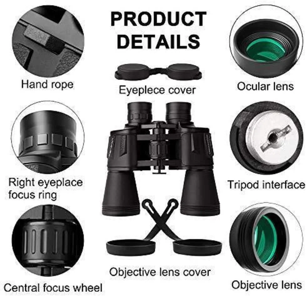 دوربین دوچشمی بیرمون تلسکوپی برای فواصل دور، مناسب تماشای پرندگان، شکار و مسافرت، لنز قابل تنظیم برای وضوح دید بالا، زوم 20X50، برد 168M/20000 M/BAK 4 منشور، به همراه کیف حمل و بند (مشکی)