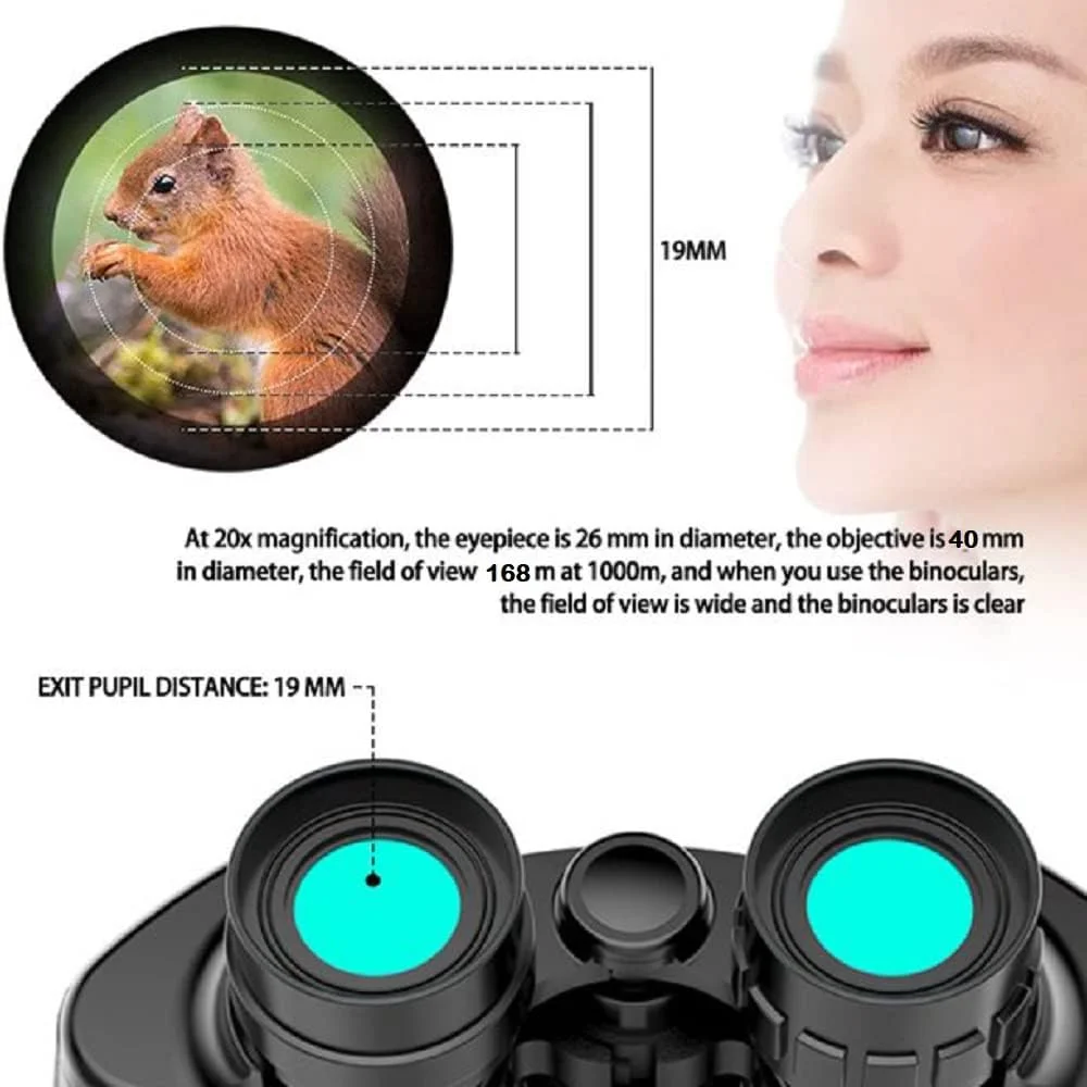 دوربین دوچشمی بیرمون تلسکوپی برای فواصل دور، مناسب تماشای پرندگان، شکار و مسافرت، لنز قابل تنظیم برای وضوح دید بالا، زوم 20X50، برد 168M/20000 M/BAK 4 منشور، به همراه کیف حمل و بند (مشکی)