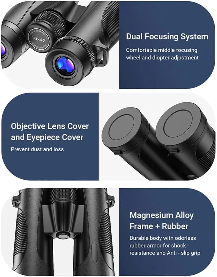 دوربین دوچشمی 10x42، لنز FMC منشور BAK4 تلسکوپ ضد آب IPX7 دوربین دوچشمی برای پیاده روی، مسافرت، کنسرت های ورزشی به همراه کیف حمل