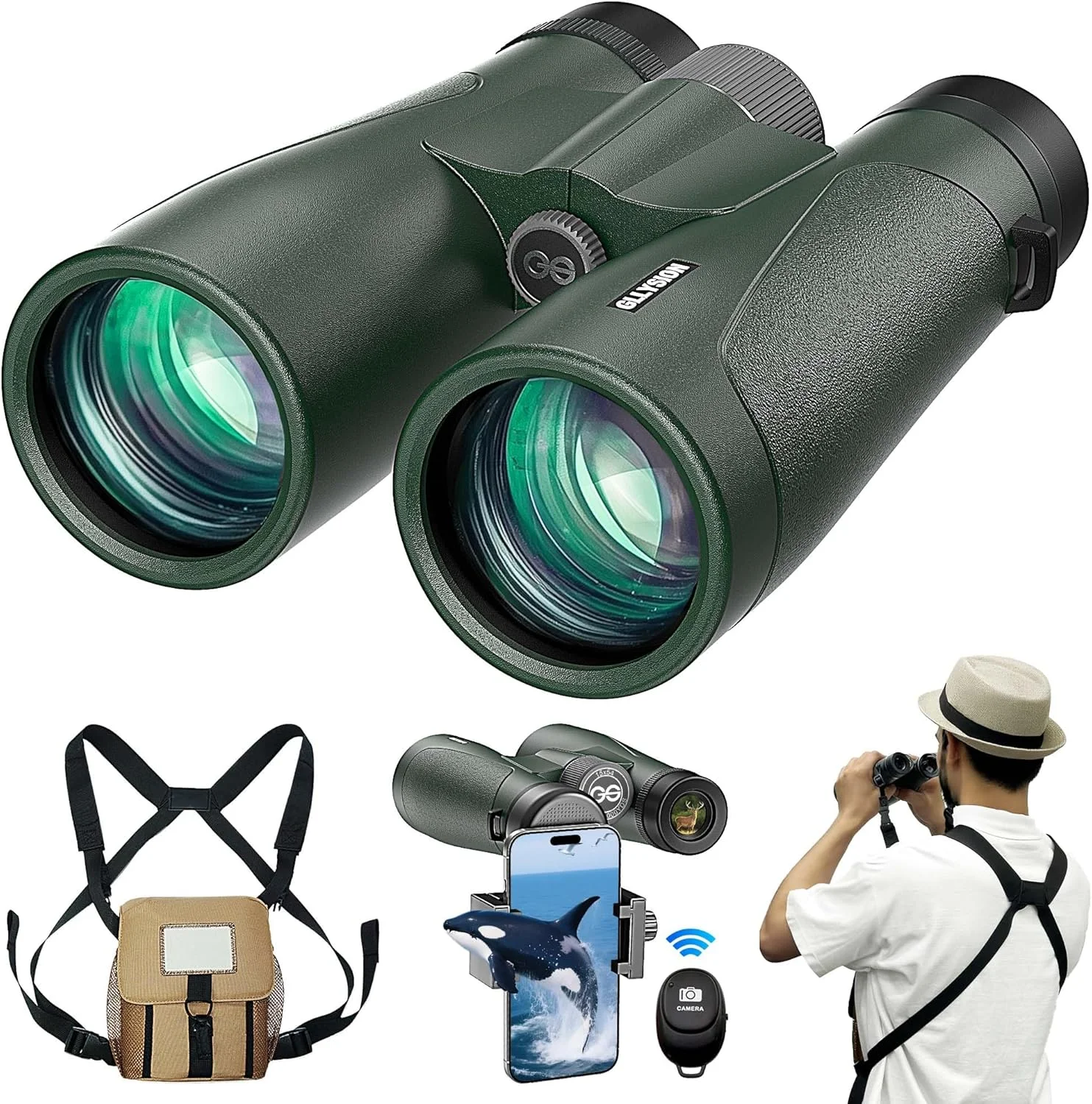 دوربین دوچشمی 15x54 بزرگسال با قدرت بالا به همراه هارنس، آداپتور تلفن و ریموت دوربین بلوتوثی - دوربین دوچشمی ضد آب فوق العاده روشن برای تماشای پرندگان، پیاده روی، سفر دریایی و تماشای ستارگان