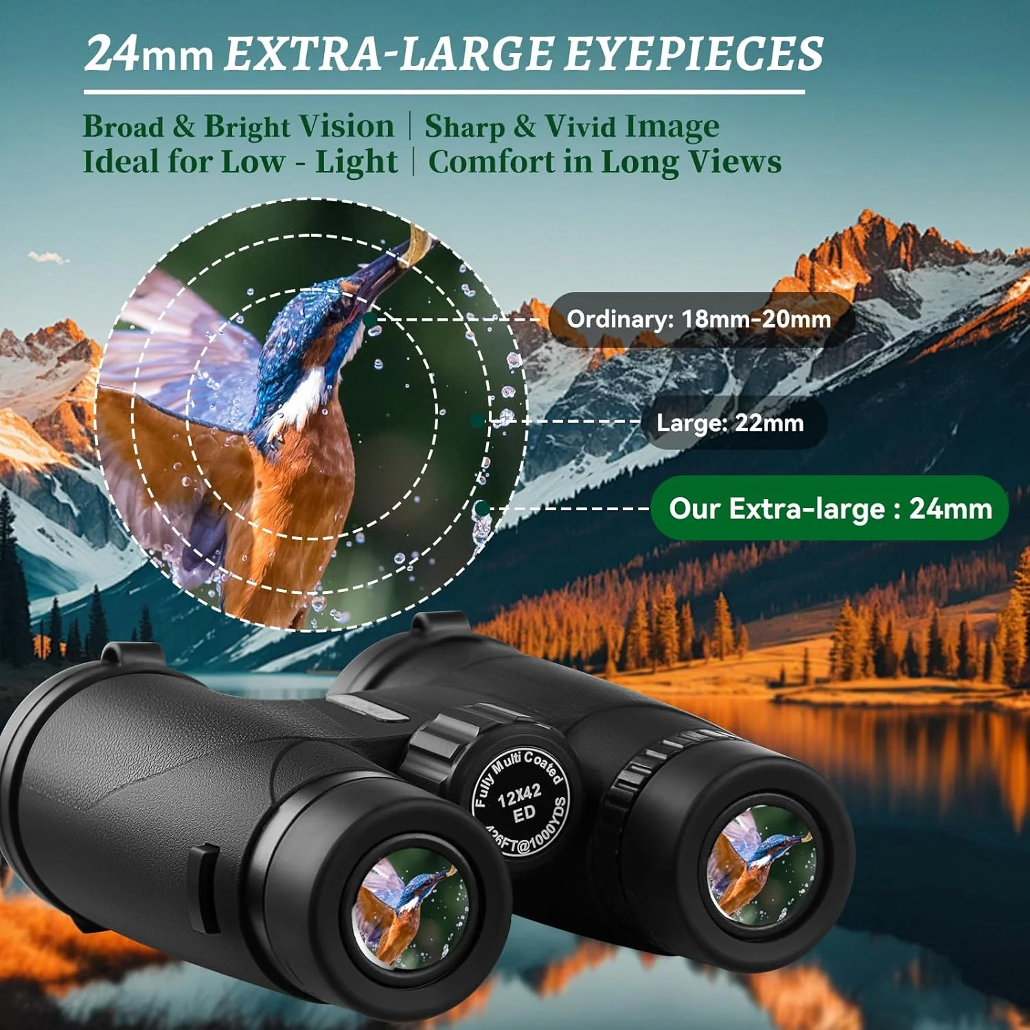 دوربین دوچشمی 12x42 ED برای بزرگسالان، قدرت بالا، چشمی های بزرگ 24 میلی متری، ضد باران، شامل کیف دوشی و بند گردنی ارگونومیک، ایده آل برای شکار، تماشای پرندگان، مسافرت، مدارس و سفرهای علمی