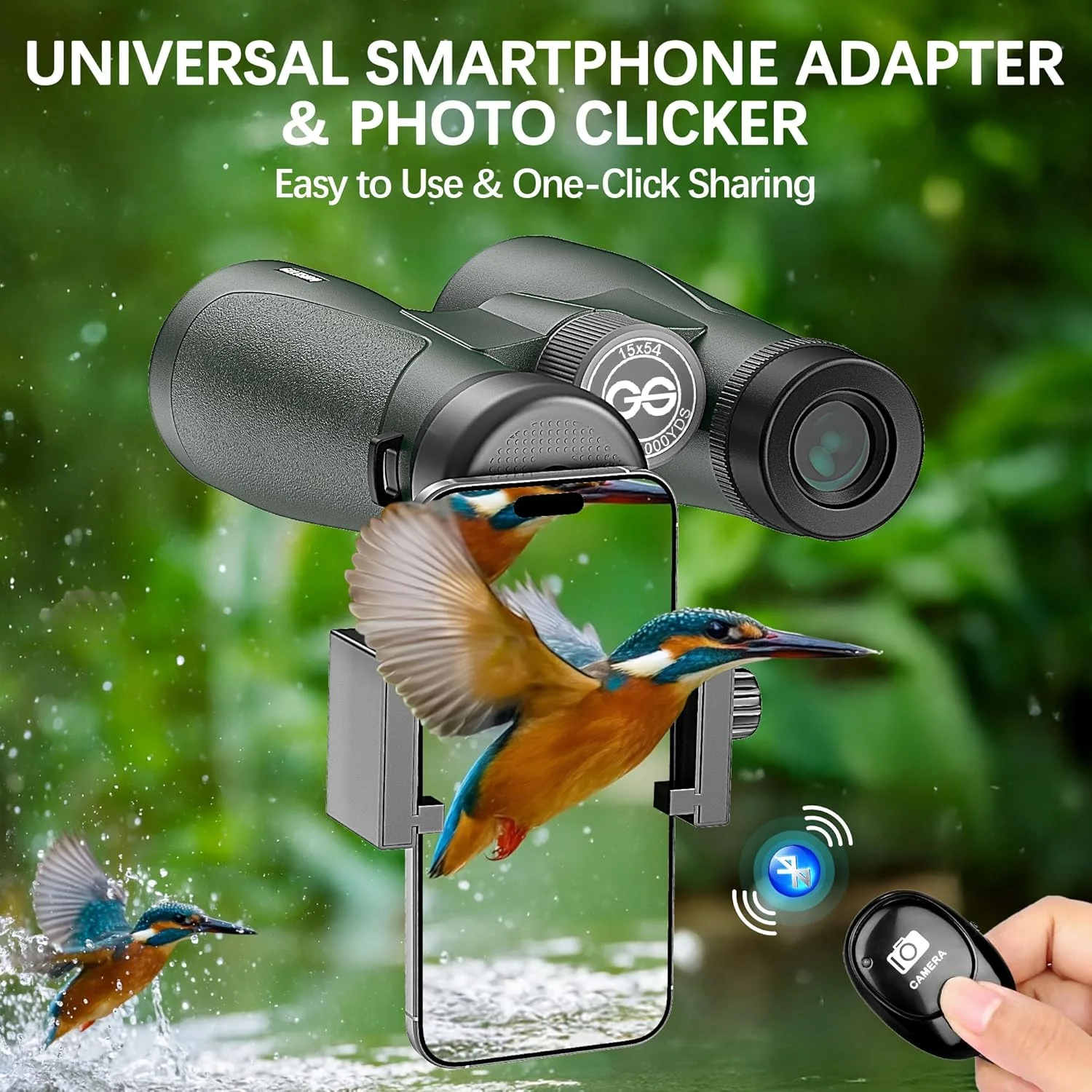 دوربین دوچشمی 15x54 بزرگسال با قدرت بالا به همراه هارنس، آداپتور تلفن و ریموت دوربین بلوتوثی - دوربین دوچشمی ضد آب فوق العاده روشن برای تماشای پرندگان، پیاده روی، سفر دریایی و تماشای ستارگان