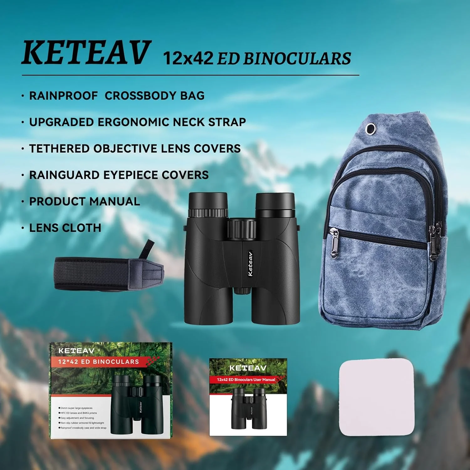 دوربین دوچشمی 12x42 ED برای بزرگسالان، قدرت بالا، چشمی های بزرگ 24 میلی متری، ضد باران، شامل کیف دوشی و بند گردنی ارگونومیک، ایده آل برای شکار، تماشای پرندگان، مسافرت، مدارس و سفرهای علمی
