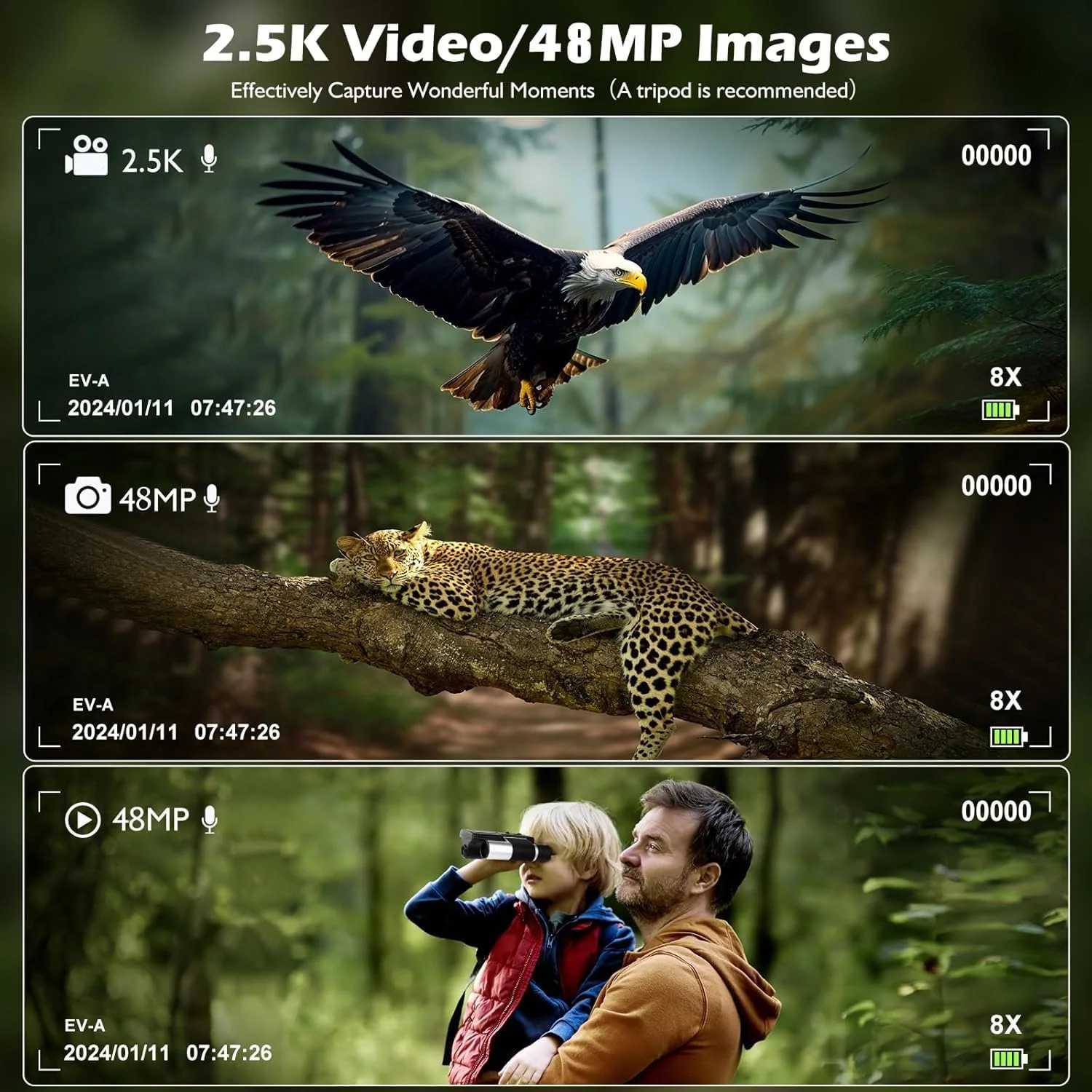 دوربین دوچشمی برای بزرگسالان، صفحه نمایش 2.4 اینچی، عکس های 48 مگاپیکسلی، فیلم های 2.5K، زوم اپتیکال 12X، زوم دیجیتال 8X، دوربین دوچشمی برای تماشای پرندگان، شکار و ماجراجویی در فضای باز