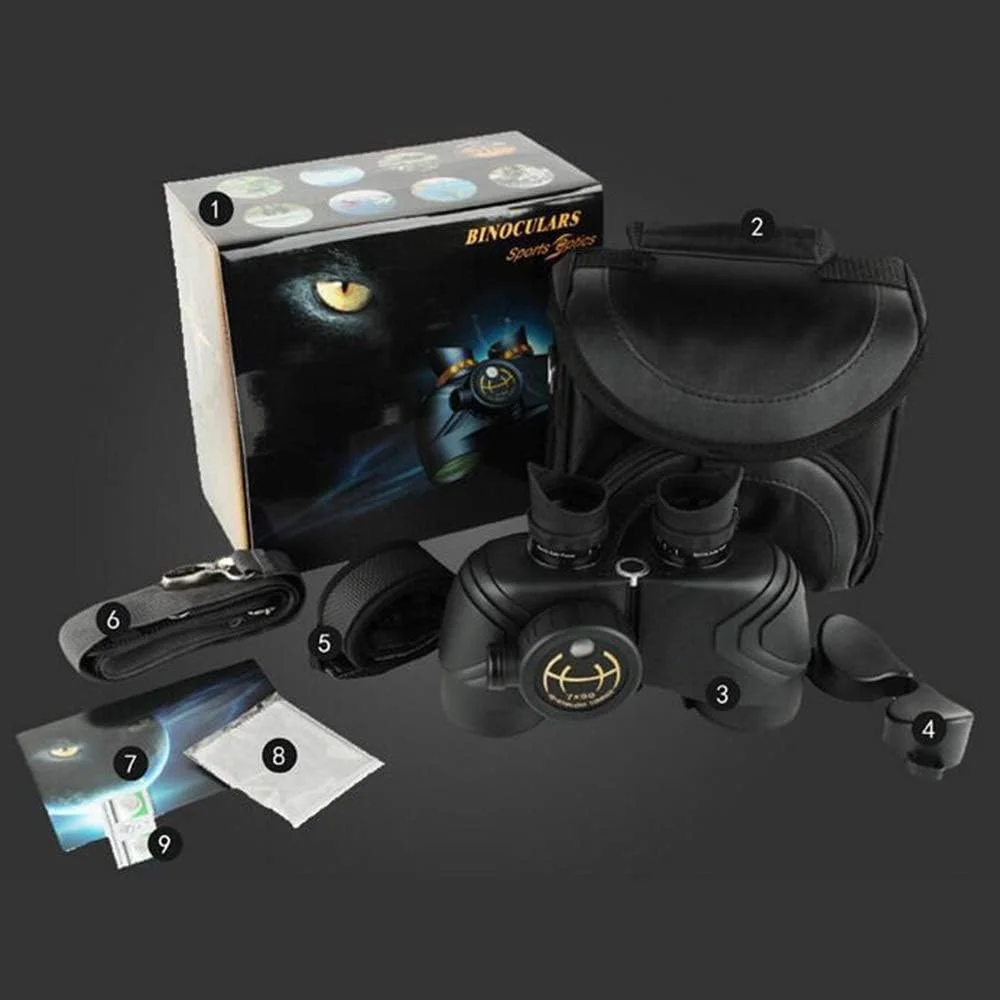 دوربین دوچشمی 7x50 با قطب‌نما، چشمی بزرگ، پر شده از نیتروژن، ضدآب، با کیفیت بالا، لوله دوتایی، برد یابی، تلسکوپ لرزه‌ای نور کم