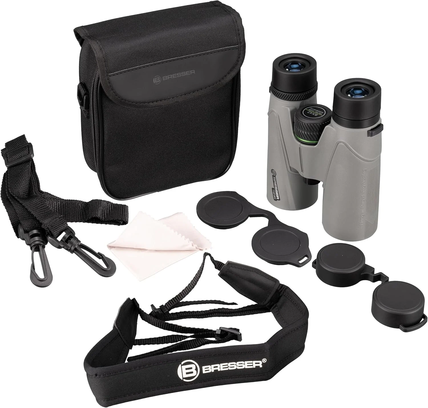 دوربین شکاری مسافرتی Bresser با بزرگنمایی 8 برابر، لنز 42 میلی‌متری، منشورهای BaK-4، ضد آب IPX7، پر شده با نیتروژن، چشمی‌های چرخشی
