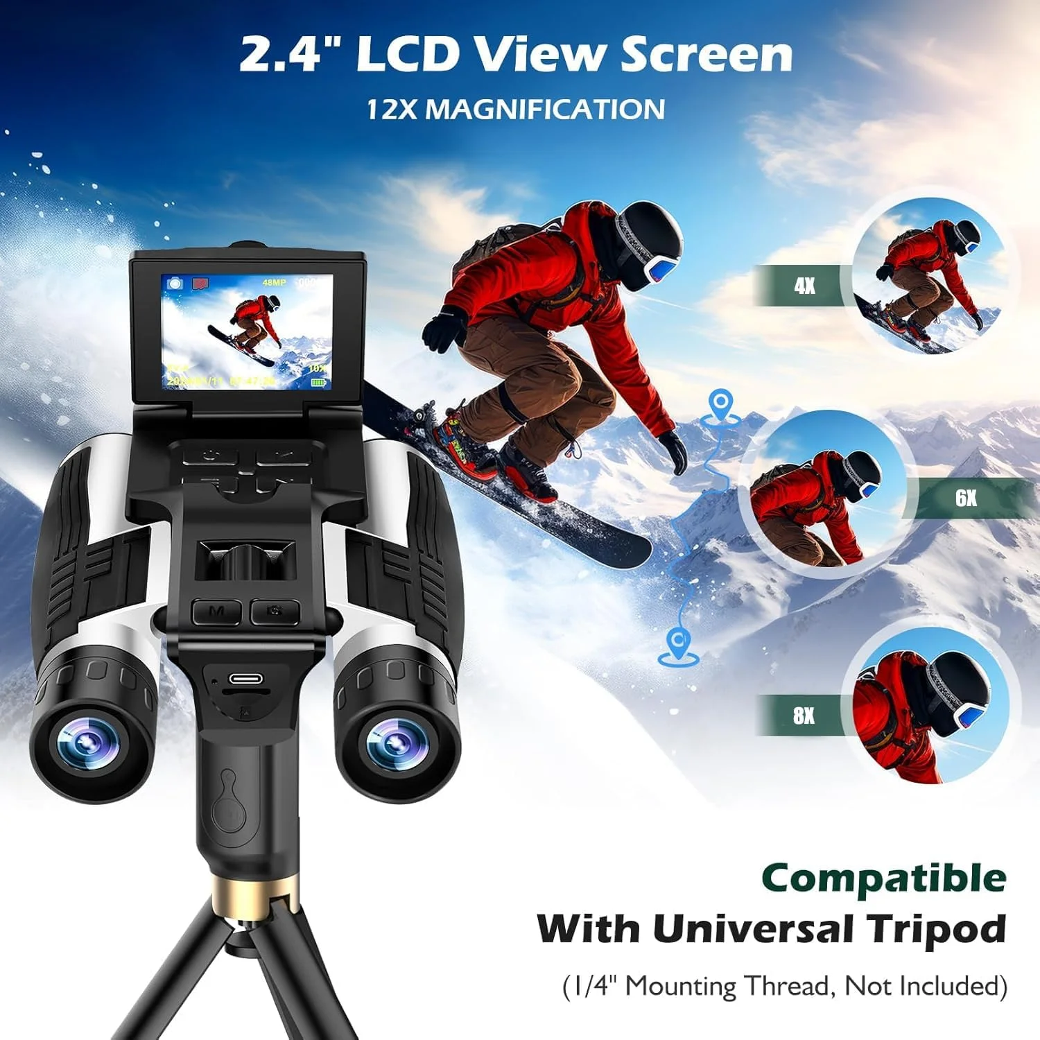 دوربین دوچشمی برای بزرگسالان، صفحه نمایش 2.4 اینچی، عکس های 48 مگاپیکسلی، فیلم های 2.5K، زوم اپتیکال 12X، زوم دیجیتال 8X، دوربین دوچشمی برای تماشای پرندگان، شکار و ماجراجویی در فضای باز