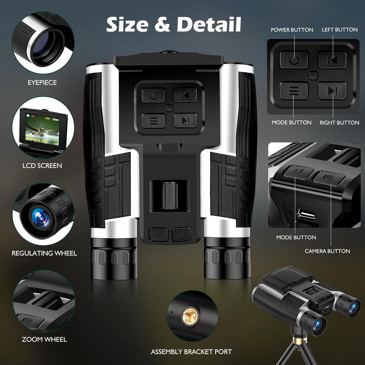 دوربین دوچشمی برای بزرگسالان، صفحه نمایش 2.4 اینچی، عکس های 48 مگاپیکسلی، فیلم های 2.5K، زوم اپتیکال 12X، زوم دیجیتال 8X، دوربین دوچشمی برای تماشای پرندگان، شکار و ماجراجویی در فضای باز