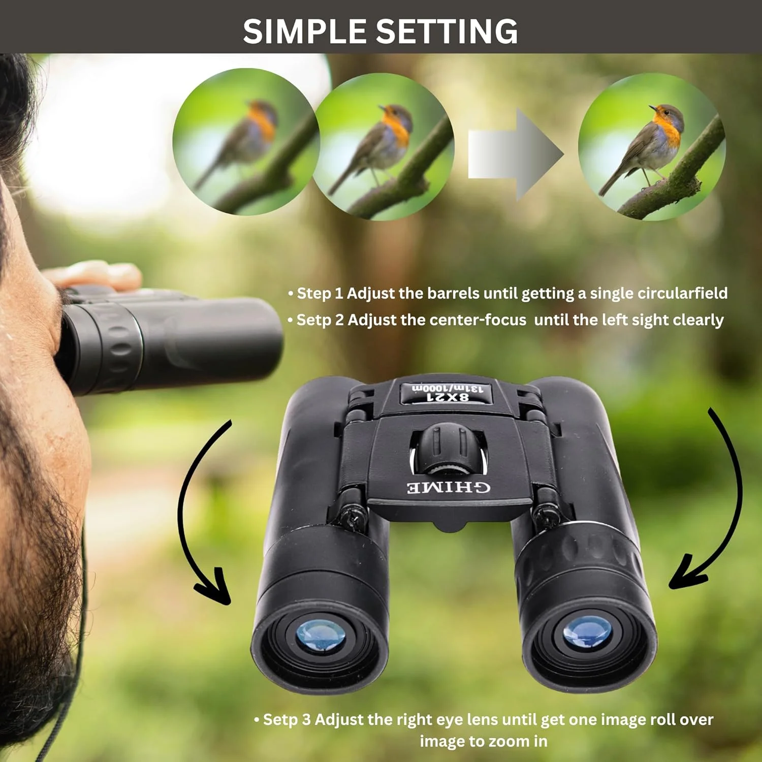 دوربین شکاری 8x21 برای فواصل دور، جمع و جور، دید واضح، فوکوس آسان، سبک و قابل حمل برای تماشای پرندگان، مسافرت و کنسرت (8x21)