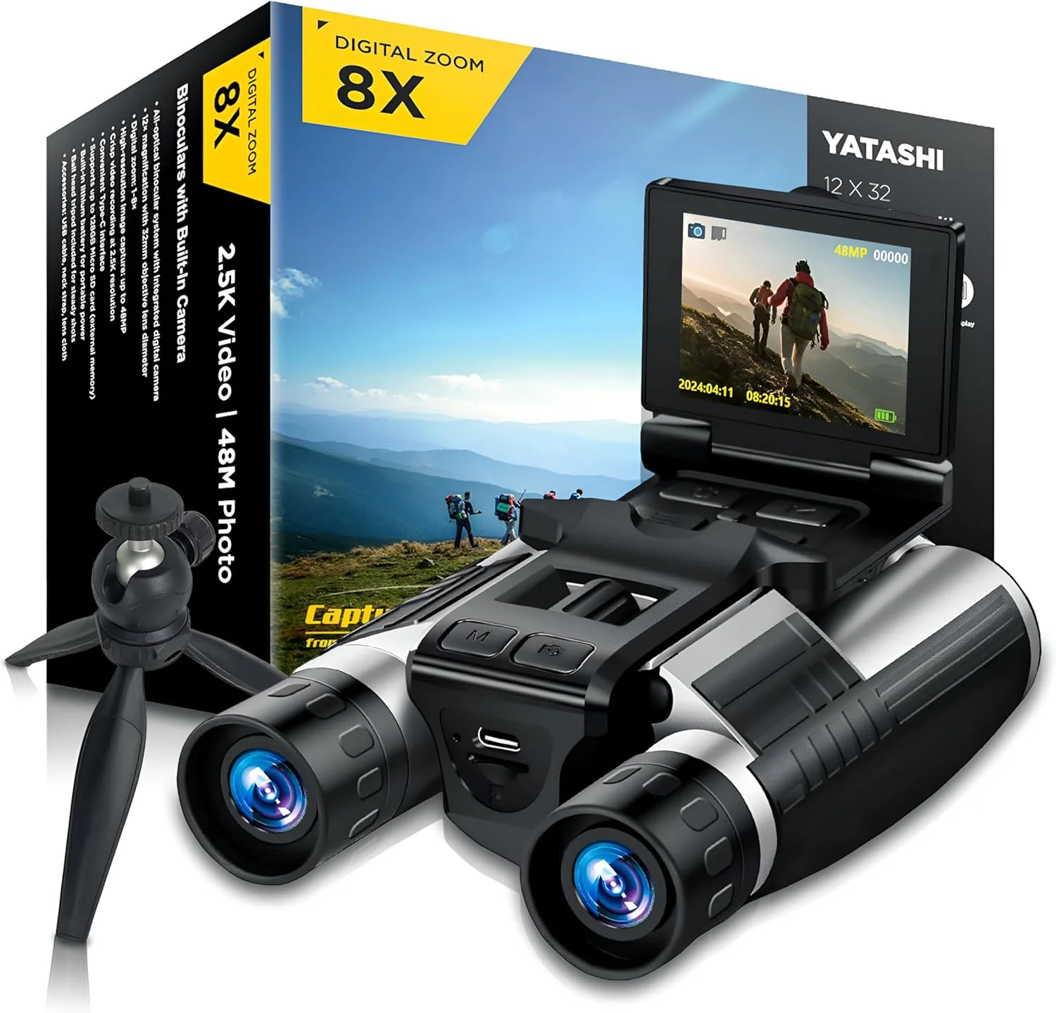 دوربین دوچشمی با دوربین داخلی - دوربین دوچشمی دیجیتال 12x32 HD، شامل سه پایه - عکس های 48 مگاپیکسلی، فیلم 2.5K، زوم 8X، با کارت حافظه 32 گیگابایتی
