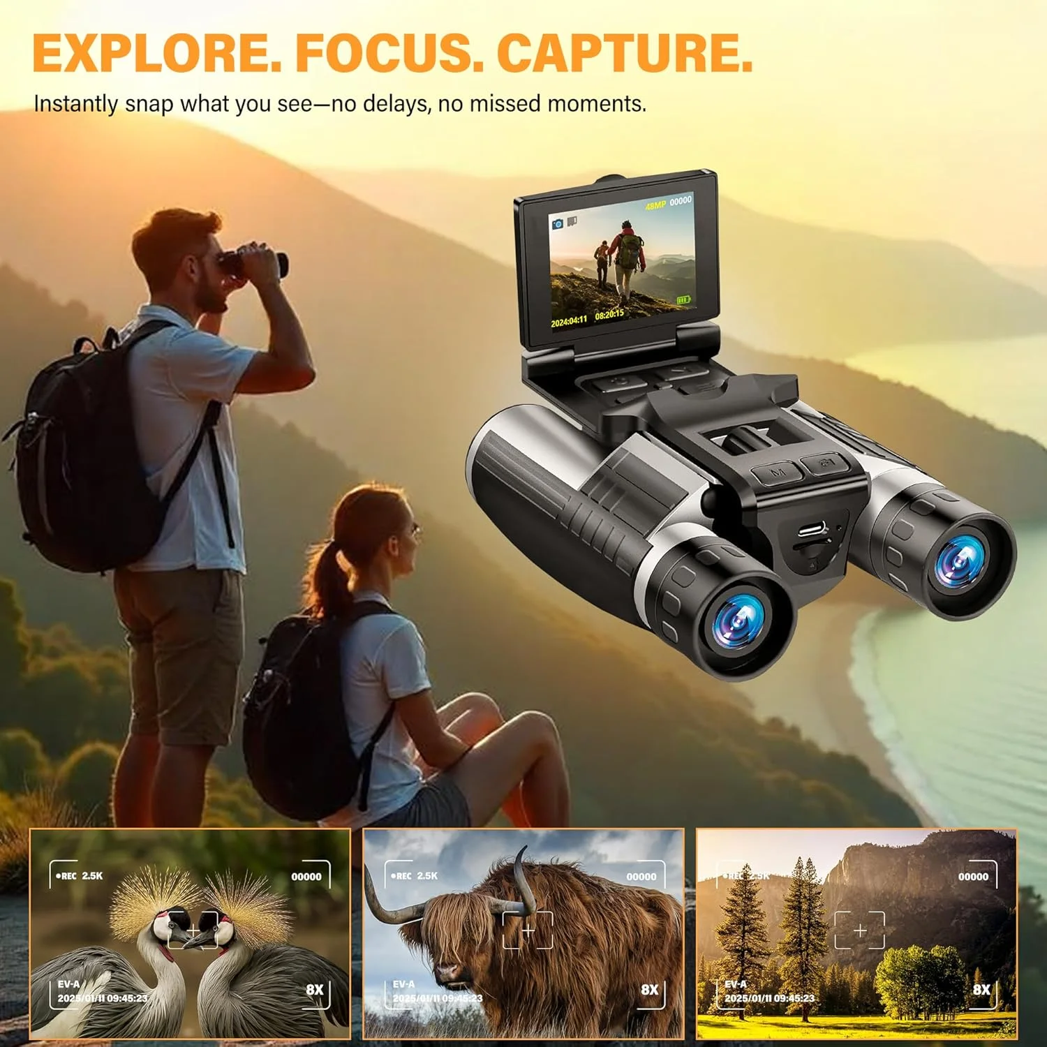 دوربین دوچشمی با دوربین داخلی - دوربین دوچشمی دیجیتال 12x32 HD، شامل سه پایه - عکس های 48 مگاپیکسلی، فیلم 2.5K، زوم 8X، با کارت حافظه 32 گیگابایتی