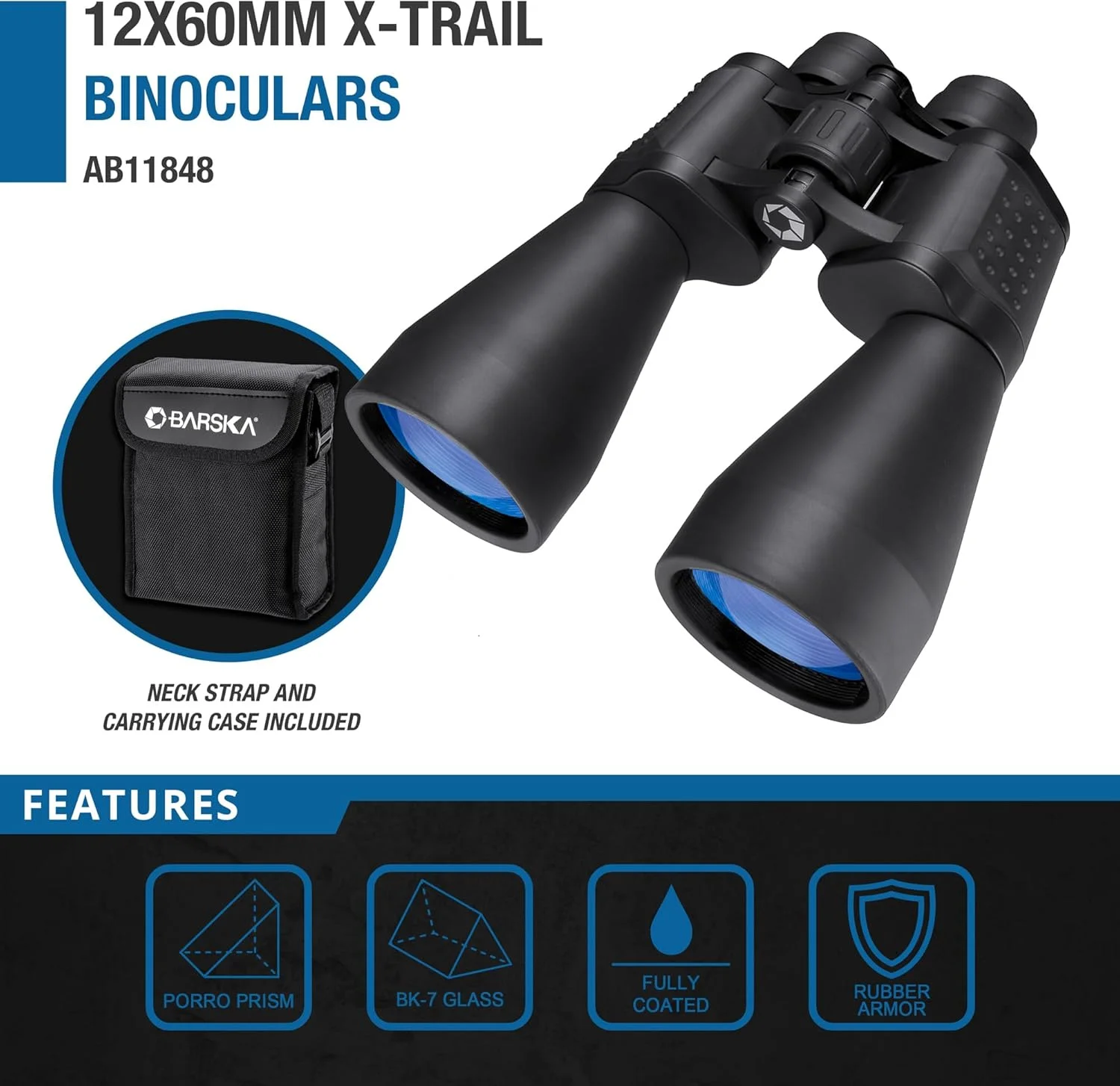 دوربین دوچشمی 12x60 Porro Barska برای تماشای پرندگان، پیاده‌روی، ورزش، رویدادهای فضای باز، تئاتر، مسافرت، با اپتیک کاملاً پوشش‌داده‌شده برای دید واضح و روشن