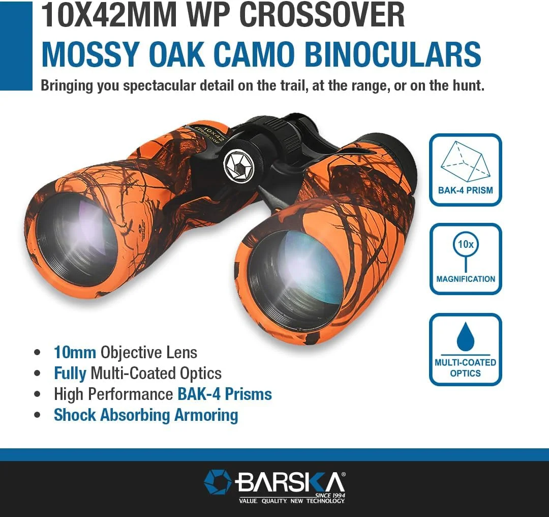 دوربین دوچشمی ضدآب Barska AB13437 Crossover 10x42 با طرح استتار Mossy Oak Blaze برای ورزش، قایق‌رانی، دریایی، تماشای پرندگان، شکار و غیره