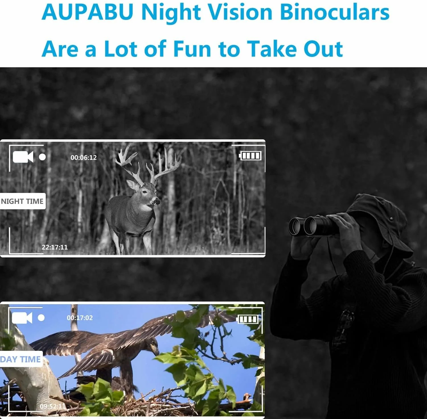 دوربین دید در شب، دوربین دوچشمی دید در شب مادون قرمز برای شکار و رصد حیات وحش، 400 متر با کارت TF 32 گیگابایتی، قابلیت ضبط عکس و فیلم FHD