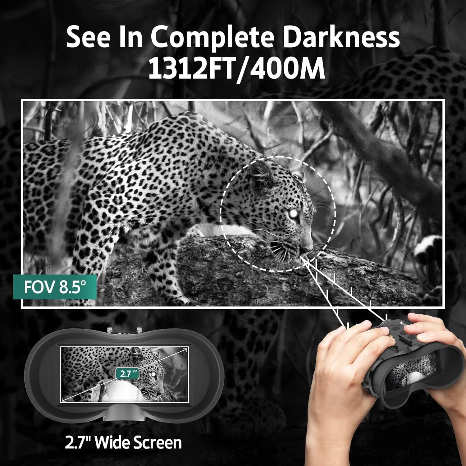 دوربین دید در شب سربند دار - دوربین دوچشمی دید در شب قابل شارژ با قابلیت استفاده بدون دست، برد 400 متر، نمایشگر دیجیتال مادون قرمز برای بزرگسالان به همراه کارت حافظه 32 گیگابایتی و زوم دیجیتال 8 برابر