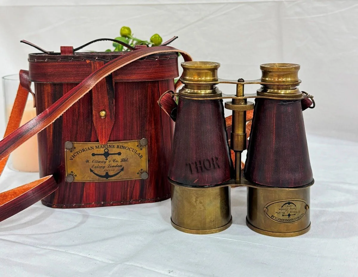 دوربین شکاری دریایی عتیقه به سبک ویکتوریایی، دست ساز با روکش چرمی پرداخت شده و کمربند، 5 اینچ، برنجی، مناسب دکوراسیون منزل و دفتر کار