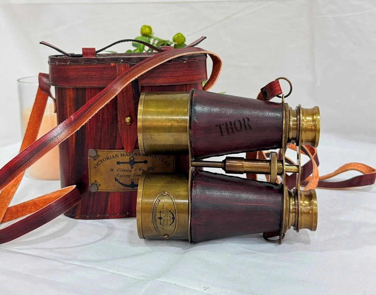 دوربین شکاری دریایی عتیقه به سبک ویکتوریایی، دست ساز با روکش چرمی پرداخت شده و کمربند، 5 اینچ، برنجی، مناسب دکوراسیون منزل و دفتر کار
