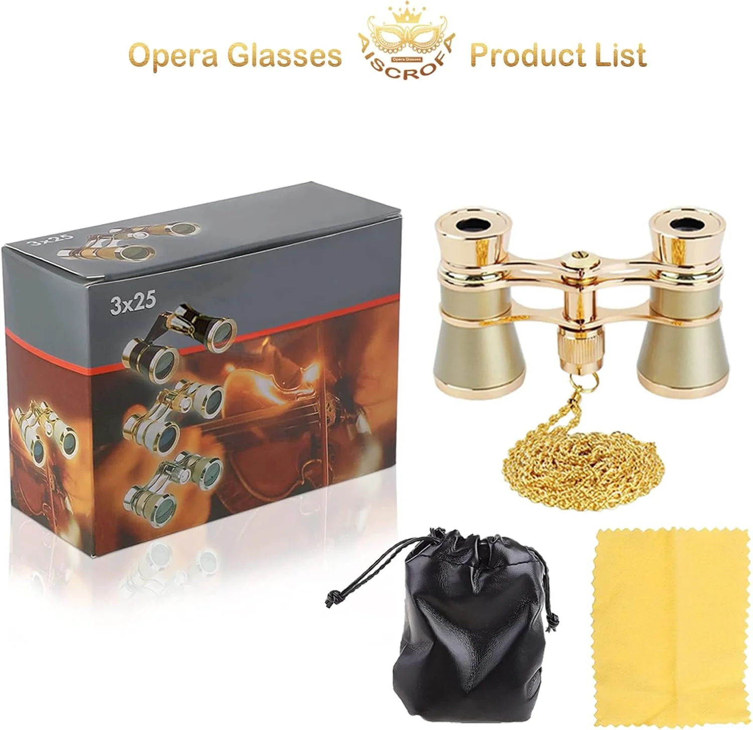 دوربین تئاتر 3X25، دوربین کوچک و سبک وزن، دوربین تئاتری سبک قدیمی، اپتیک شفاف، با زنجیر برای بزرگسالان، کودکان و بانوان در کنسرت موسیقی