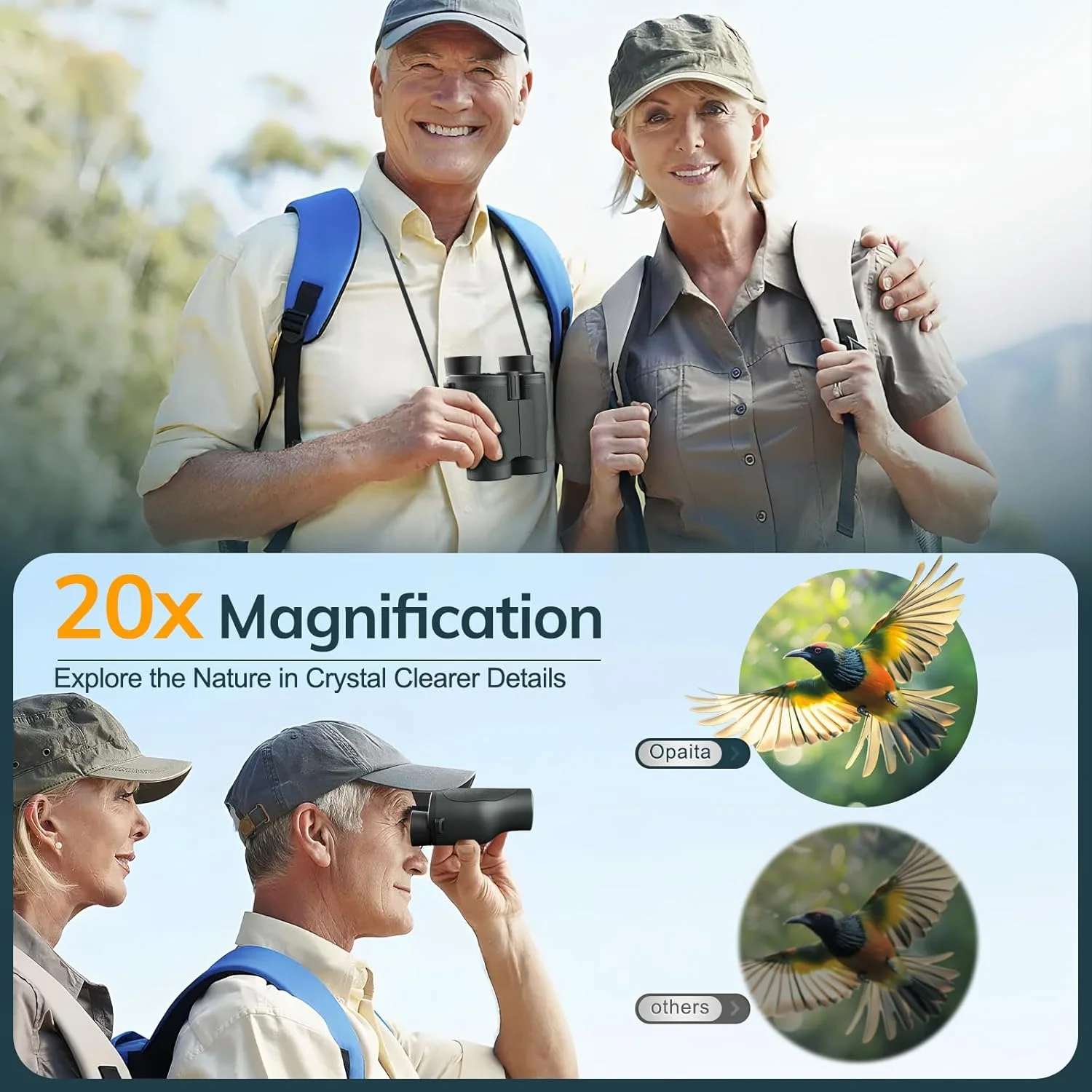 دوربین دوچشمی فشرده 20x32 برای تماشای پرندگان - دوربین دوچشمی کوچک و قدرتمند OPAITA برای بزرگسالان و کودکان با دید در نور کم برای شکار، سفر دریایی، مسافرت، کنسرت، پیاده روی، سبز