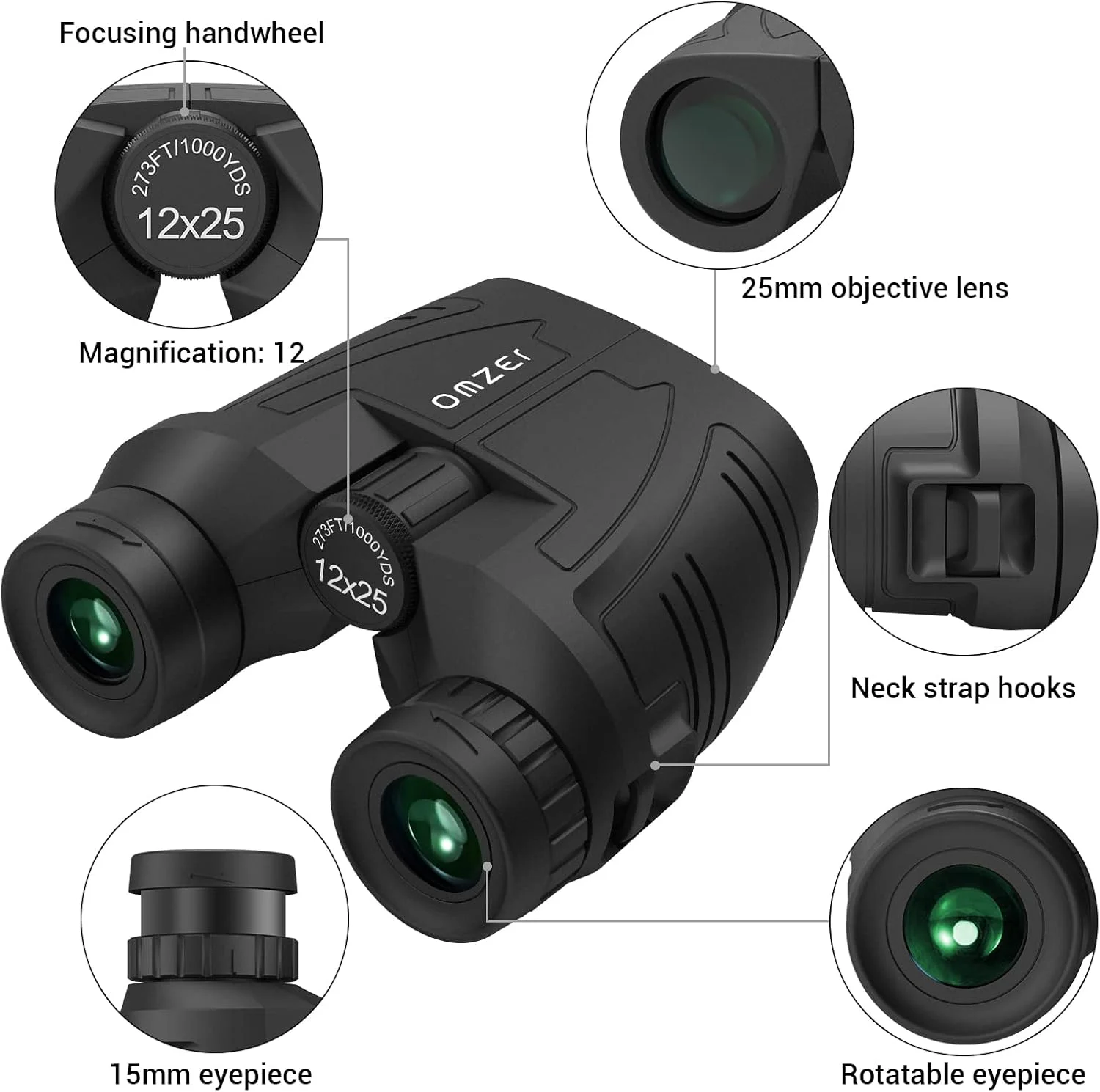 دوربین شکاری فشرده 12x25 OMZER با چشمی بزرگ، منشور BAK4 با قدرت بالا، ضد آب، سبک وزن، با فوکوس آسان برای بزرگسالان، کودکان، شکار، پیاده روی، کمپینگ، تماشای پرندگان، مسافرت