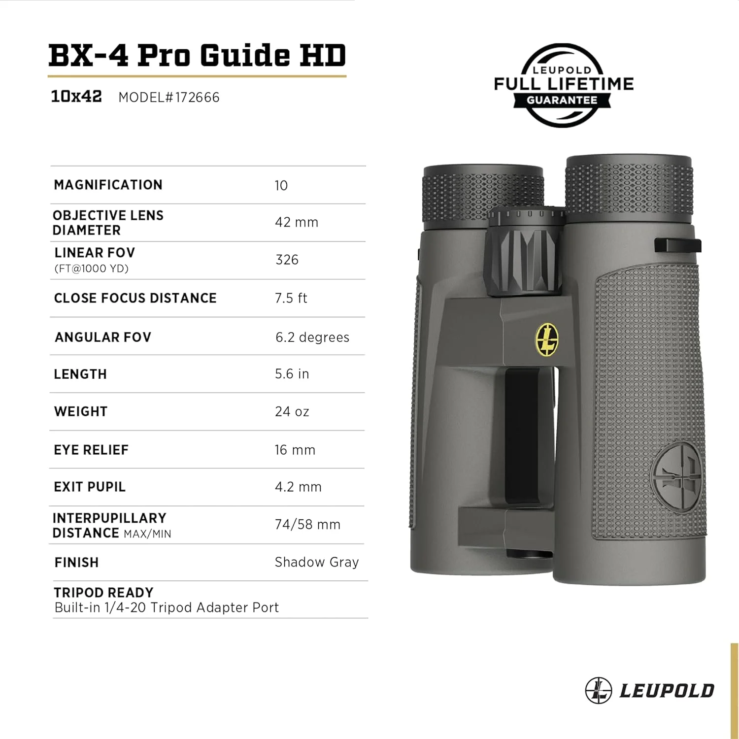 دوربین دوچشمی لوپولد BX-4 Pro Guide HD، 10x42mm، خاکستری سایه (172666)