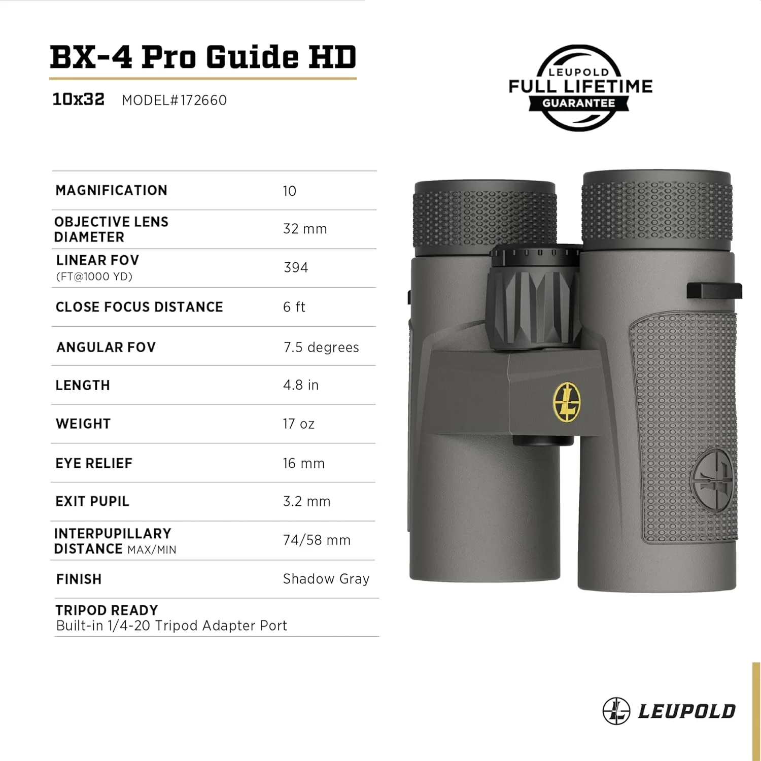 دوربین دوچشمی Leupold BX-4 Pro Guide HD، 10x32mm، خاکستری سایه (172660)