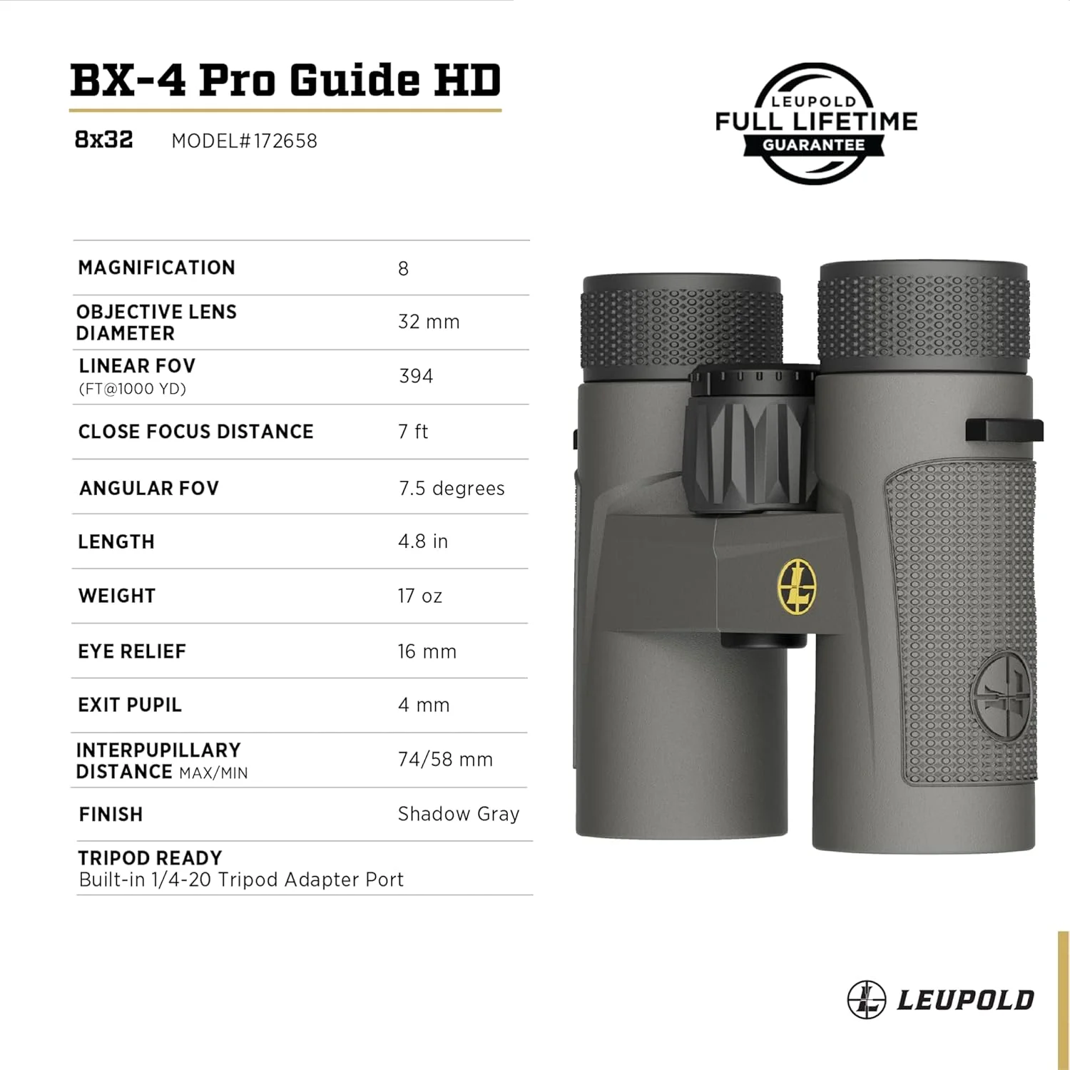 دوربین دوچشمی لوپولد BX-4 Pro Guide HD، 8x32 میلی‌متر، خاکستری سایه (172658)