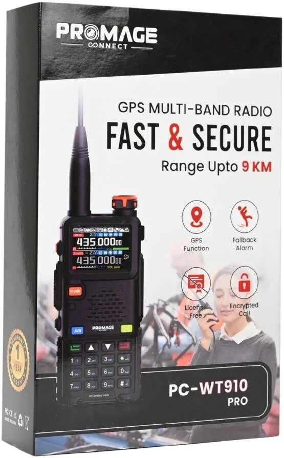 رادیو دو طرفه قابل حمل آنالوگ پرومِیج کانکت PC-WT910 PRO دو بانده (VHF/UHF)، 50-55 هرتز، باتری 1500 میلی آمپر، فرستنده و گیرنده دستی جمع و جور، با کیفیت بالا و قابل اعتماد، مشکی | PC-WT910 PRO