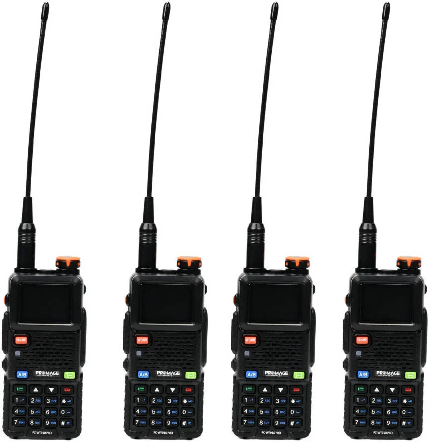 رادیو دو طرفه قابل حمل آنالوگ پرومِیج کانکت PC-WT910 PRO دو بانده (VHF/UHF)، 50-55 هرتز، باتری 1500 میلی آمپر، فرستنده و گیرنده دستی جمع و جور، کیفیت بالا و قابل اعتماد، بسته 4 عددی، مشکی | PC-WT910 PRO