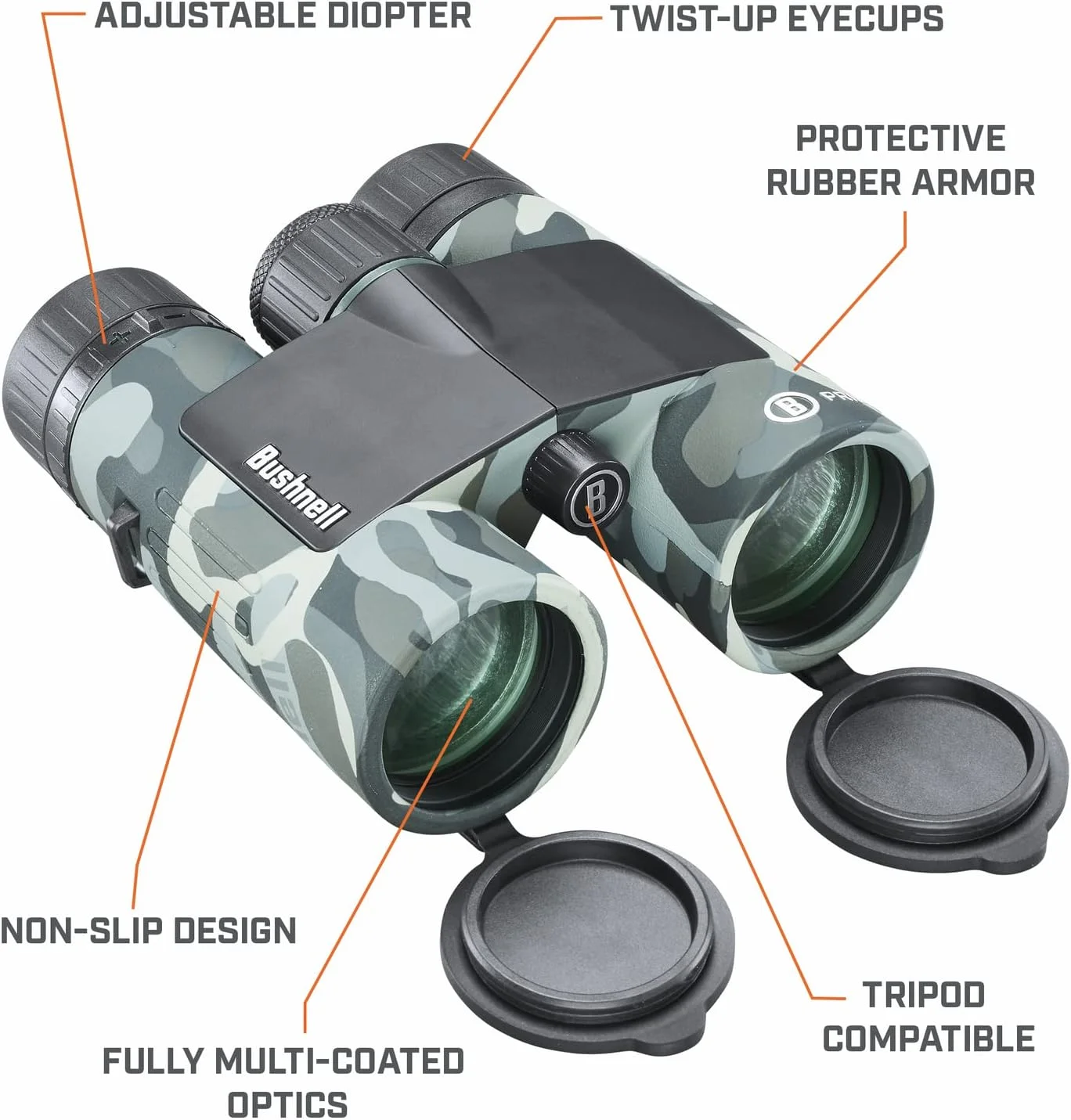 دوربین دوچشمی بوشنل پرایم 10x42 با طرح استتار مشکی، اپتیک با کیفیت بالا، ضد آب و ضد مه، طراحی بادوام، لنزهای چند لایه، ایده آل برای شکار و ماجراجویی در فضای باز